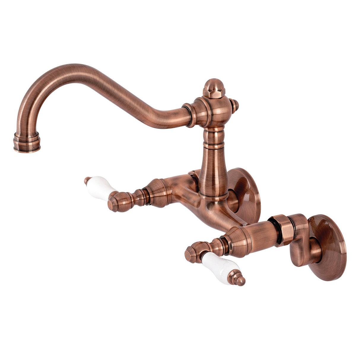 Vintage Double-Handle Wall-Mount Bridge Kitchen Faucet in Antique Copper
