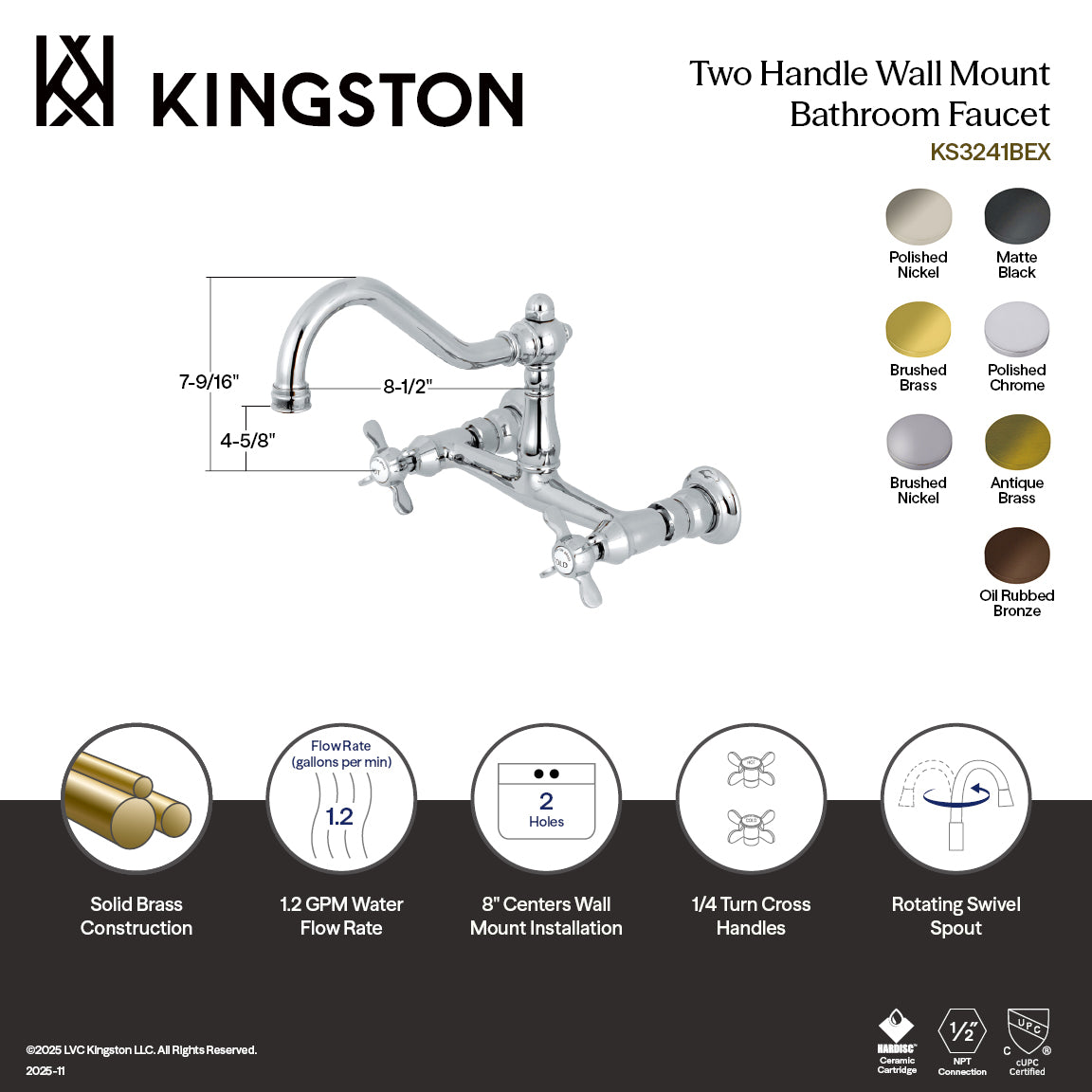 Essex Double-Handle Wall Mount Bathroom Faucet in Polished Chrome