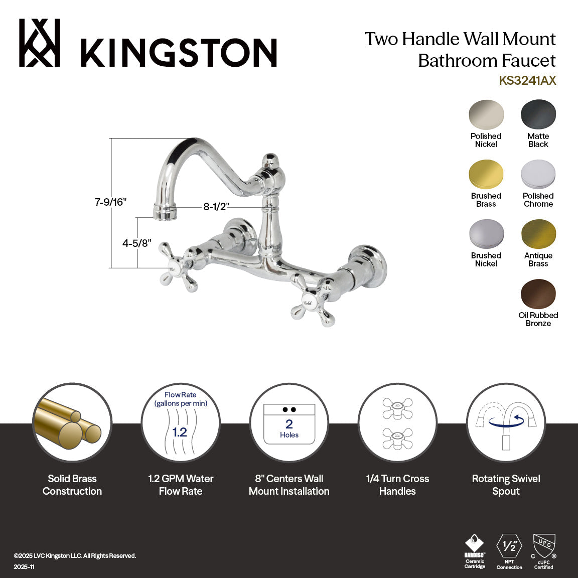 Vintage Double-Handle 2-Hole Wall Mount Bathroom Faucet in Antique Brass