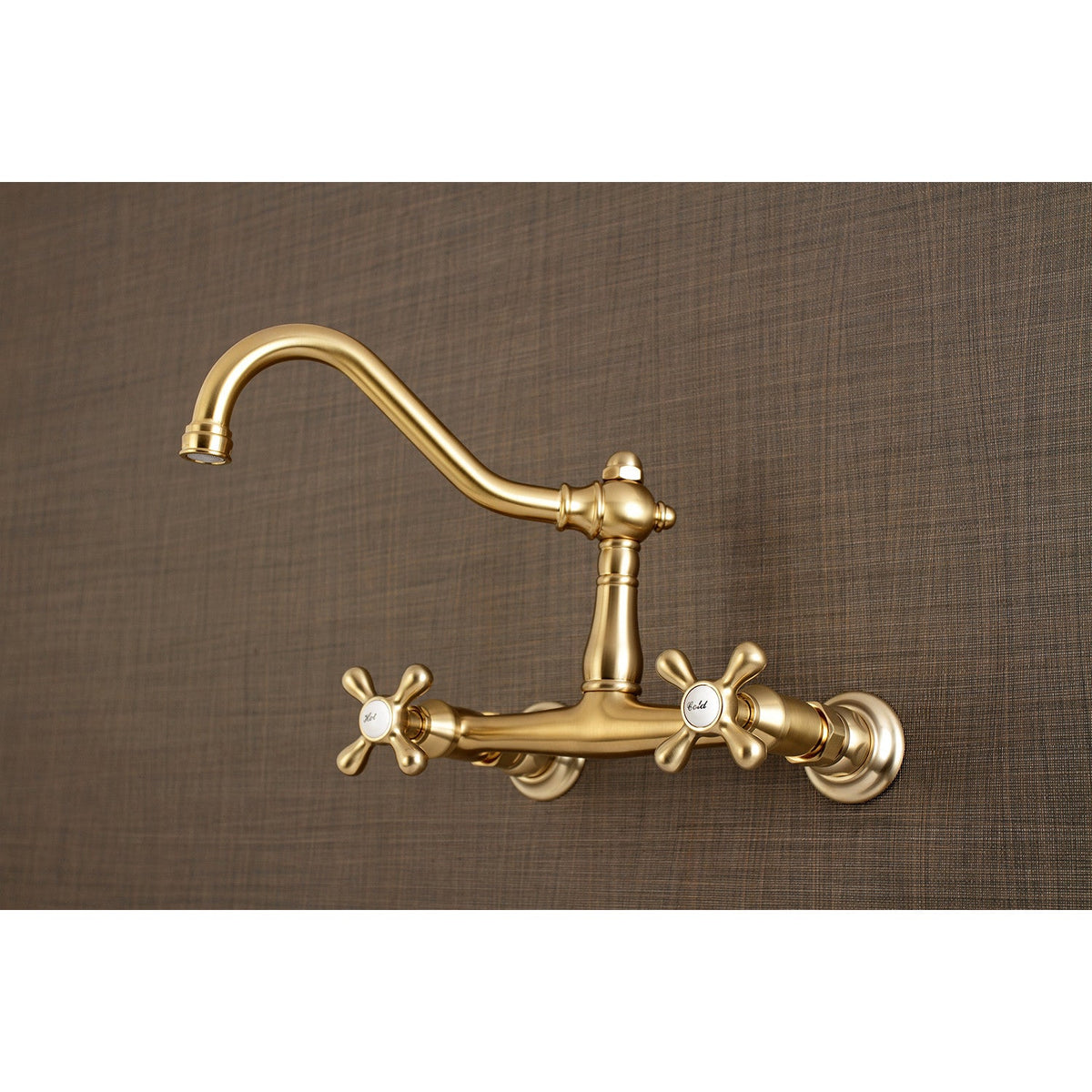 Vintage Double-Handle Wall Mount Bathroom Faucet in Brushed Brass