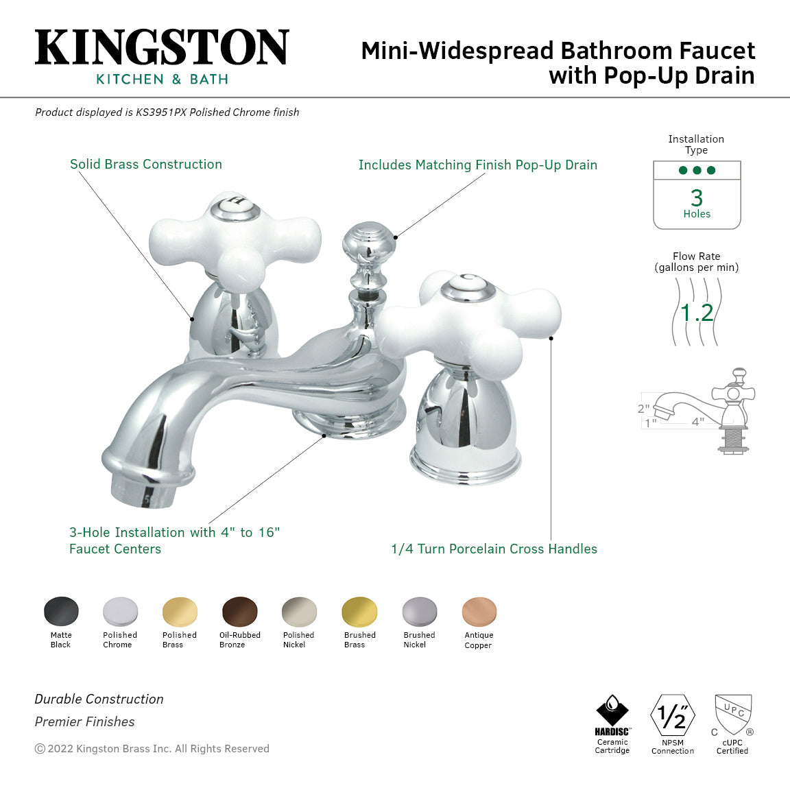 Restoration Mini-Widespread Bathroom Faucet with Brass Pop-Up Drain in Polished Brass