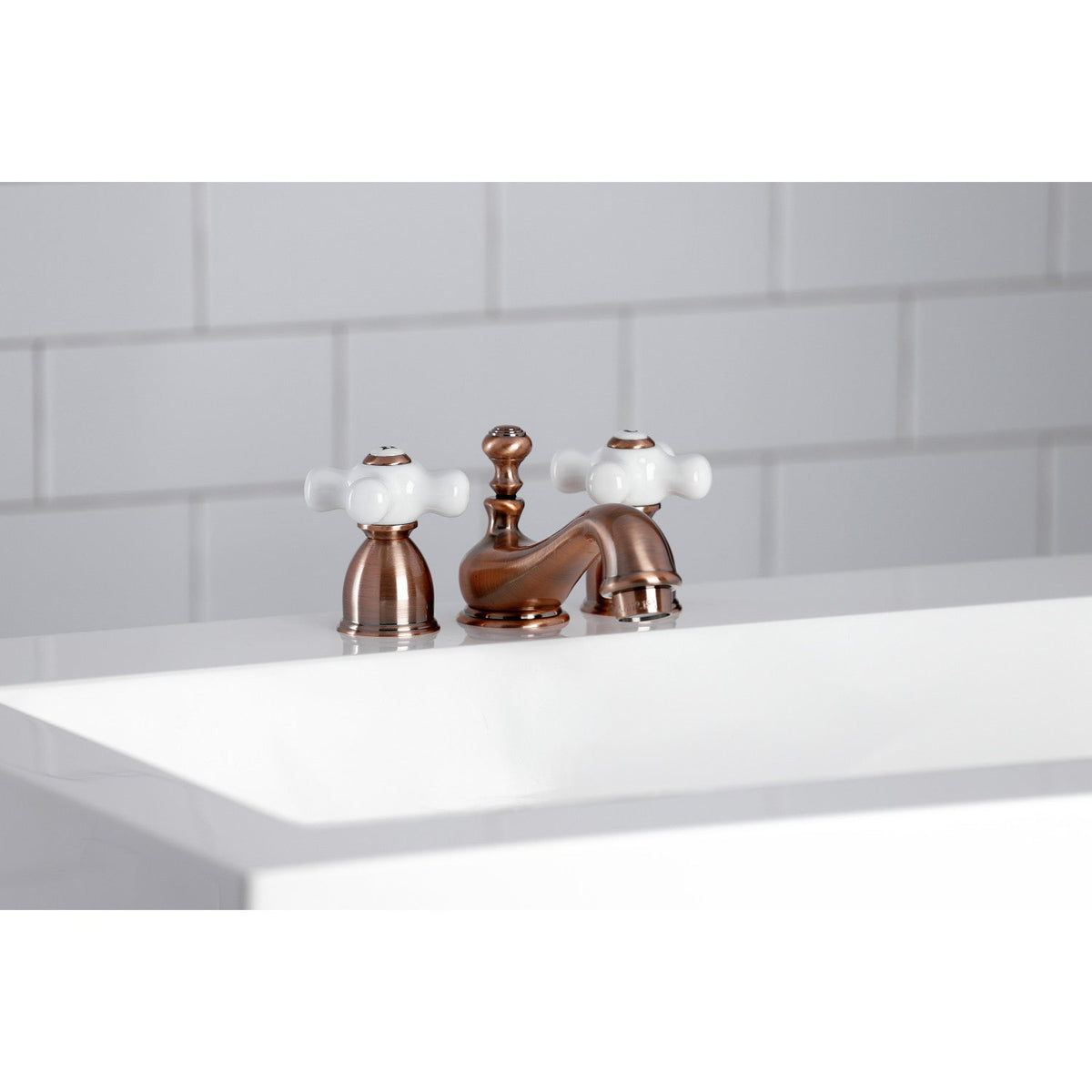 Restoration Mini-Widespread Bathroom Faucet with Brass Pop-Up Drain in Antique Copper