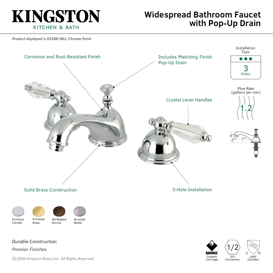 Wilshire Widespread Bathroom Faucet with Brass Pop-Up in Brushed Nickel