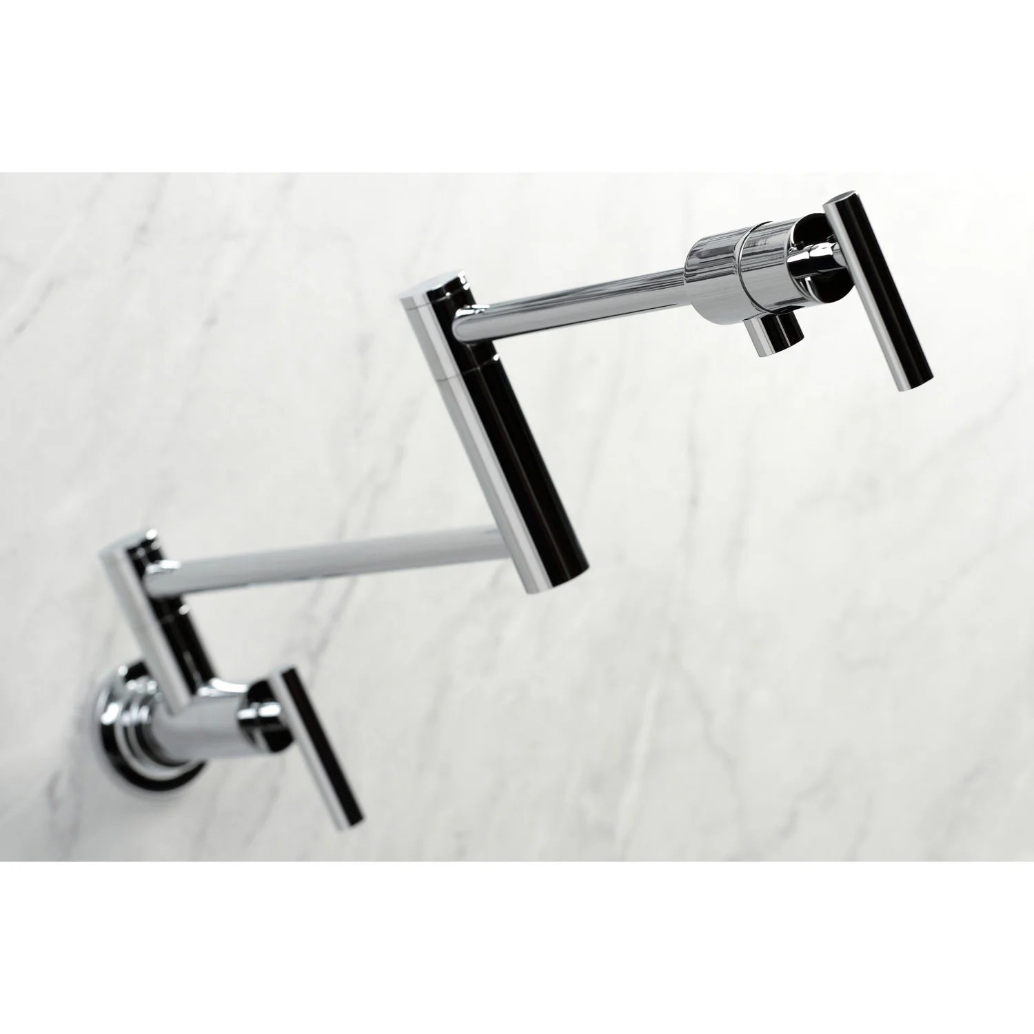 Polished chrome wall-mount pot filler faucet close-up from side, showing spout and handle