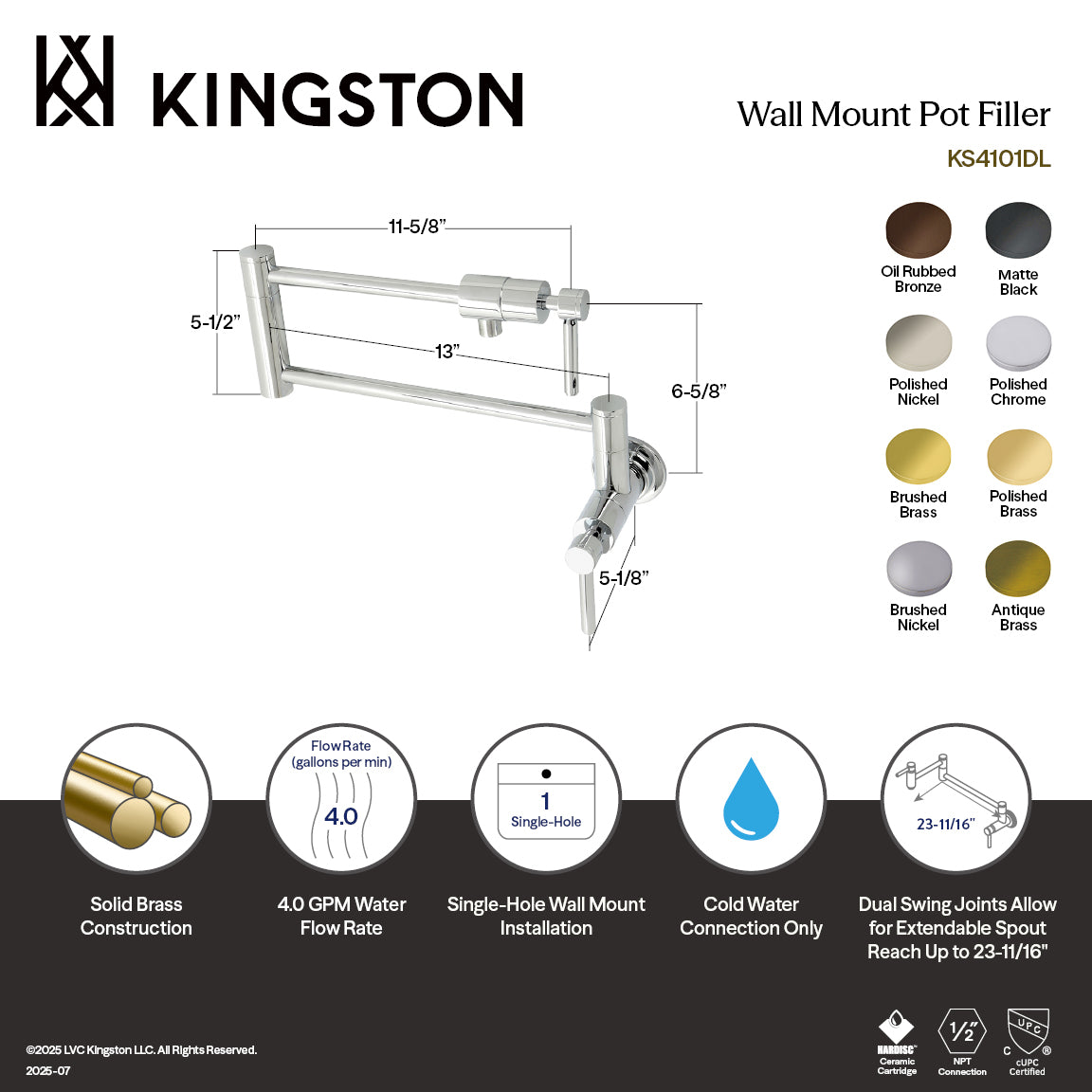Concord Wall Mount Pot Filler Faucet in Polished Brass