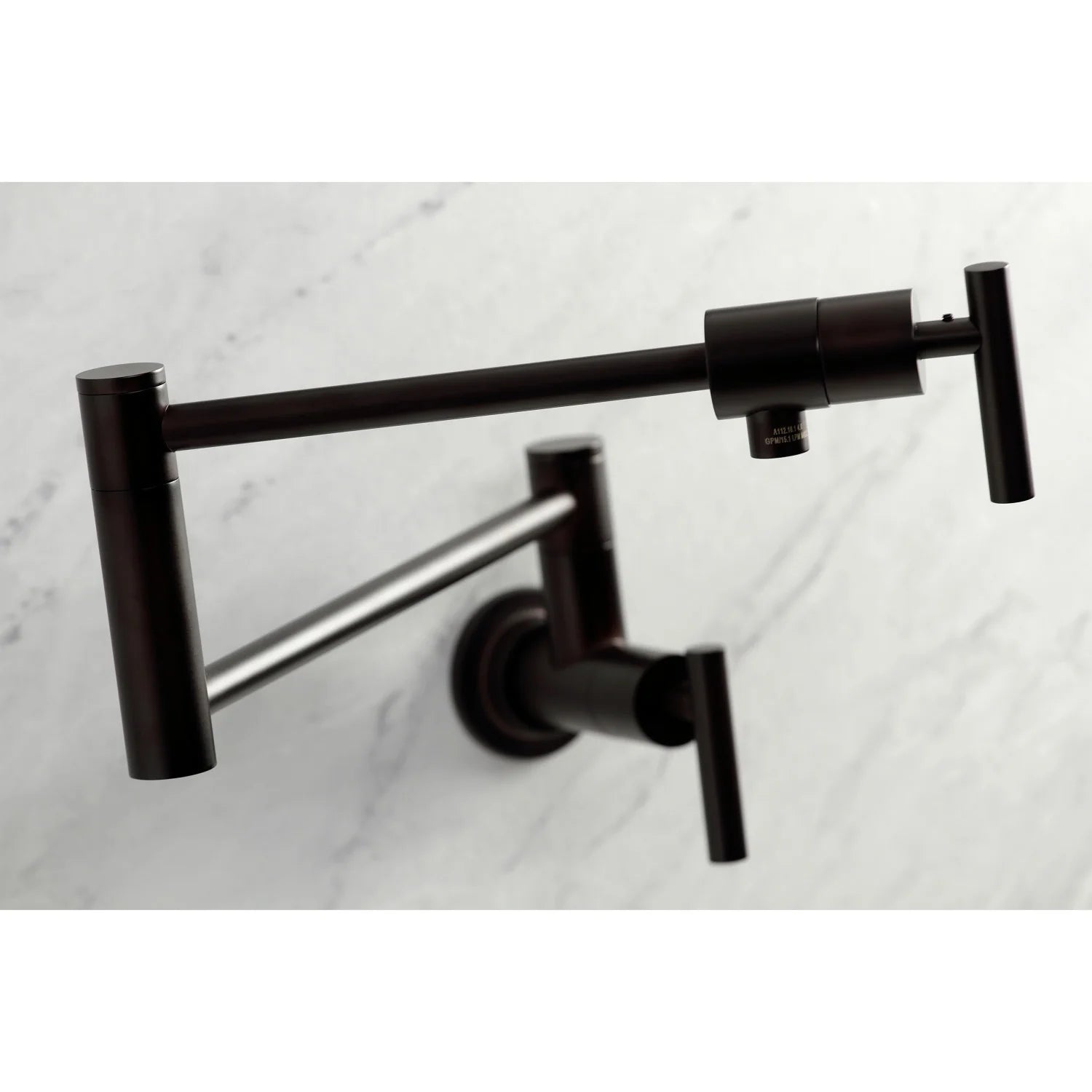 Wall-mount pot filler faucet detail, oil-rubbed bronze, with spout and quarter-turn knobs