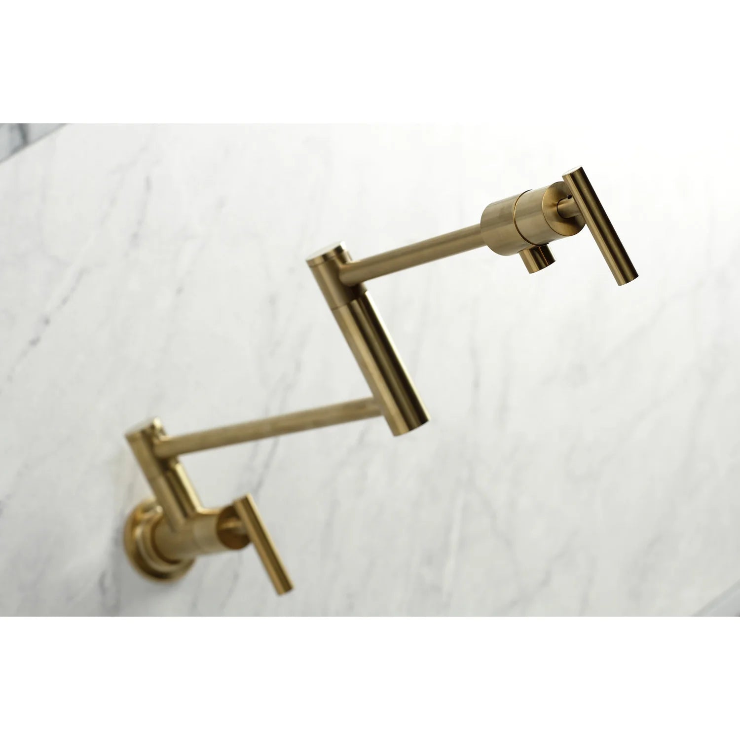Wall-mount pot filler faucet with cross handles and spout, brushed brass finish.