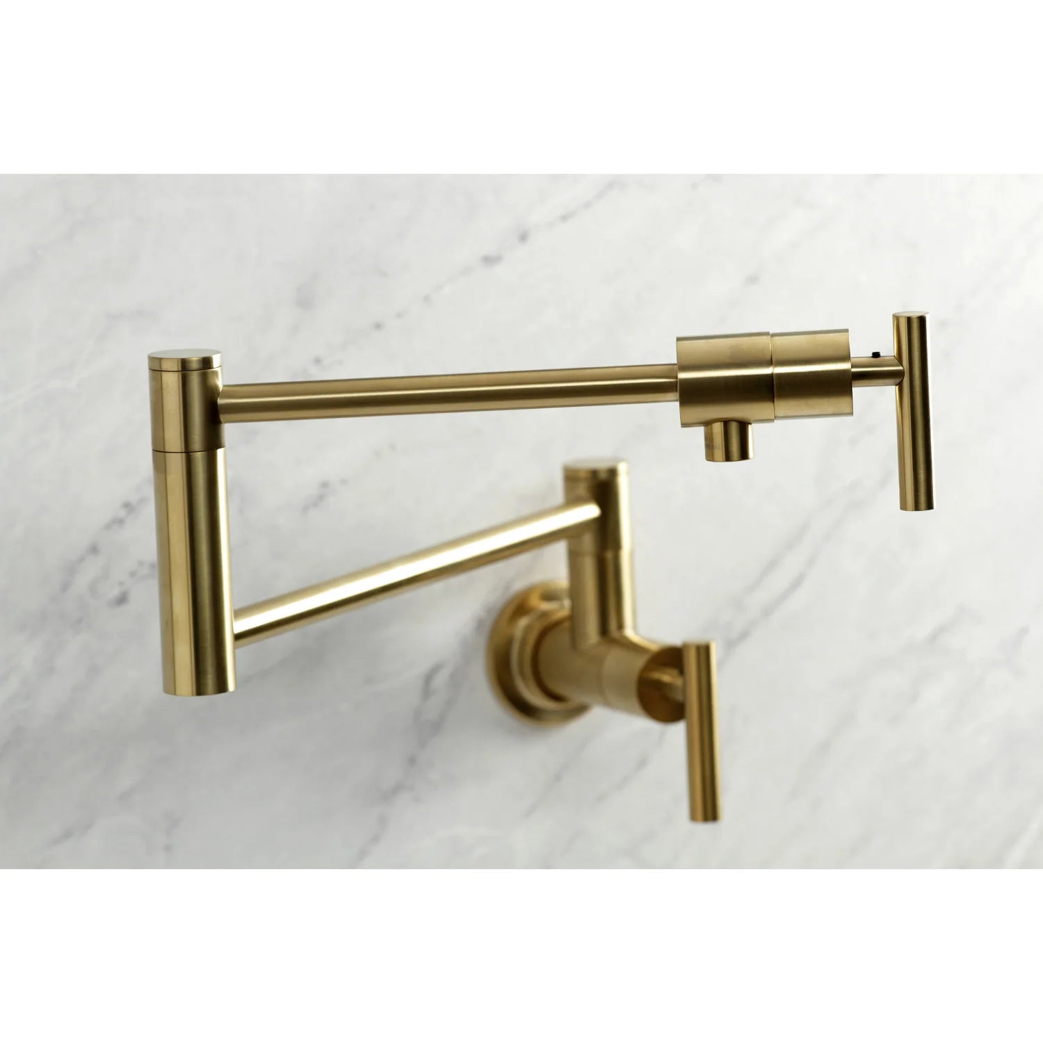 Wall-mount pot filler faucet angled view with wall-mounted spout, brushed brass finish.