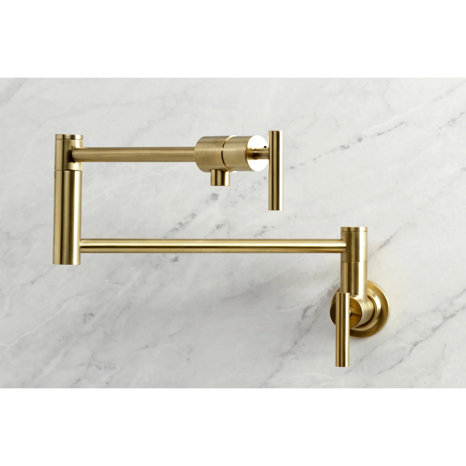 Wall-mount pot filler faucet with horizontal spout, wall mounts, brushed brass.