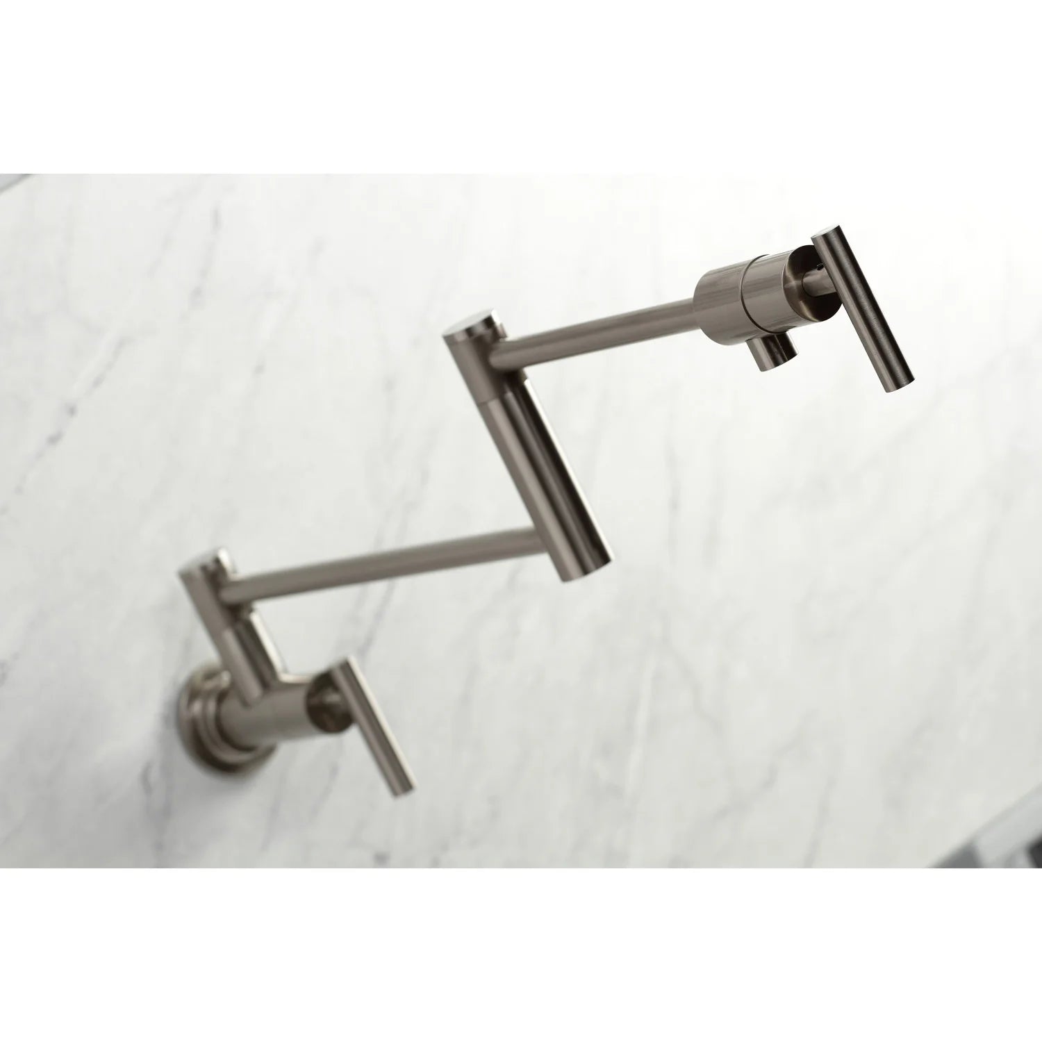 Brushed nickel wall mount pot filler faucet with two handles and compact spout