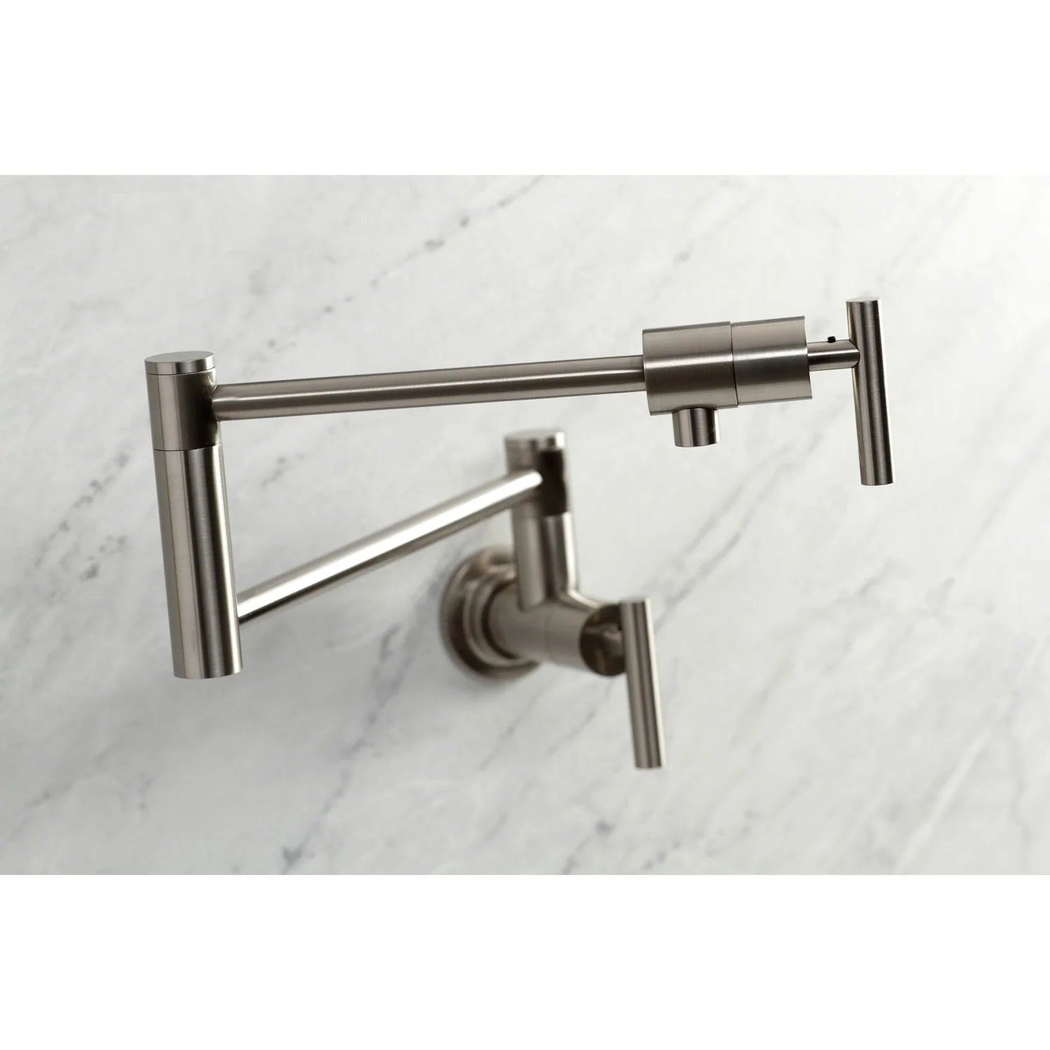 Brushed nickel wall mount pot filler faucet with side valves and outlet spout