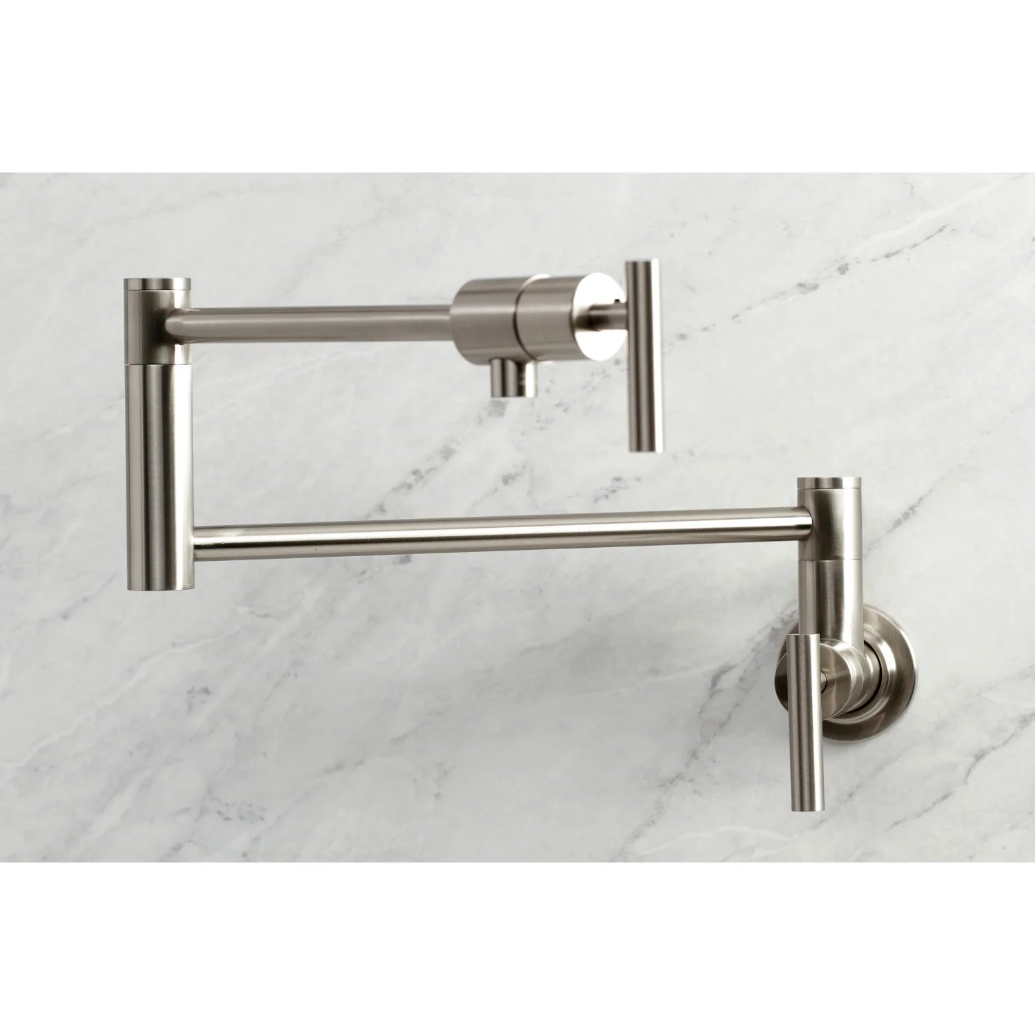 Wall mount pot filler faucet in brushed nickel with back spout and handles