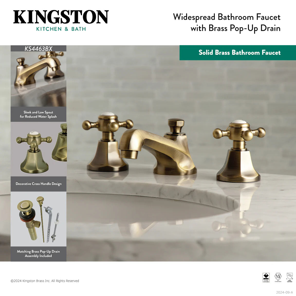 Antique brass widespread bathroom faucet with brass pop-up drain and two lever handles