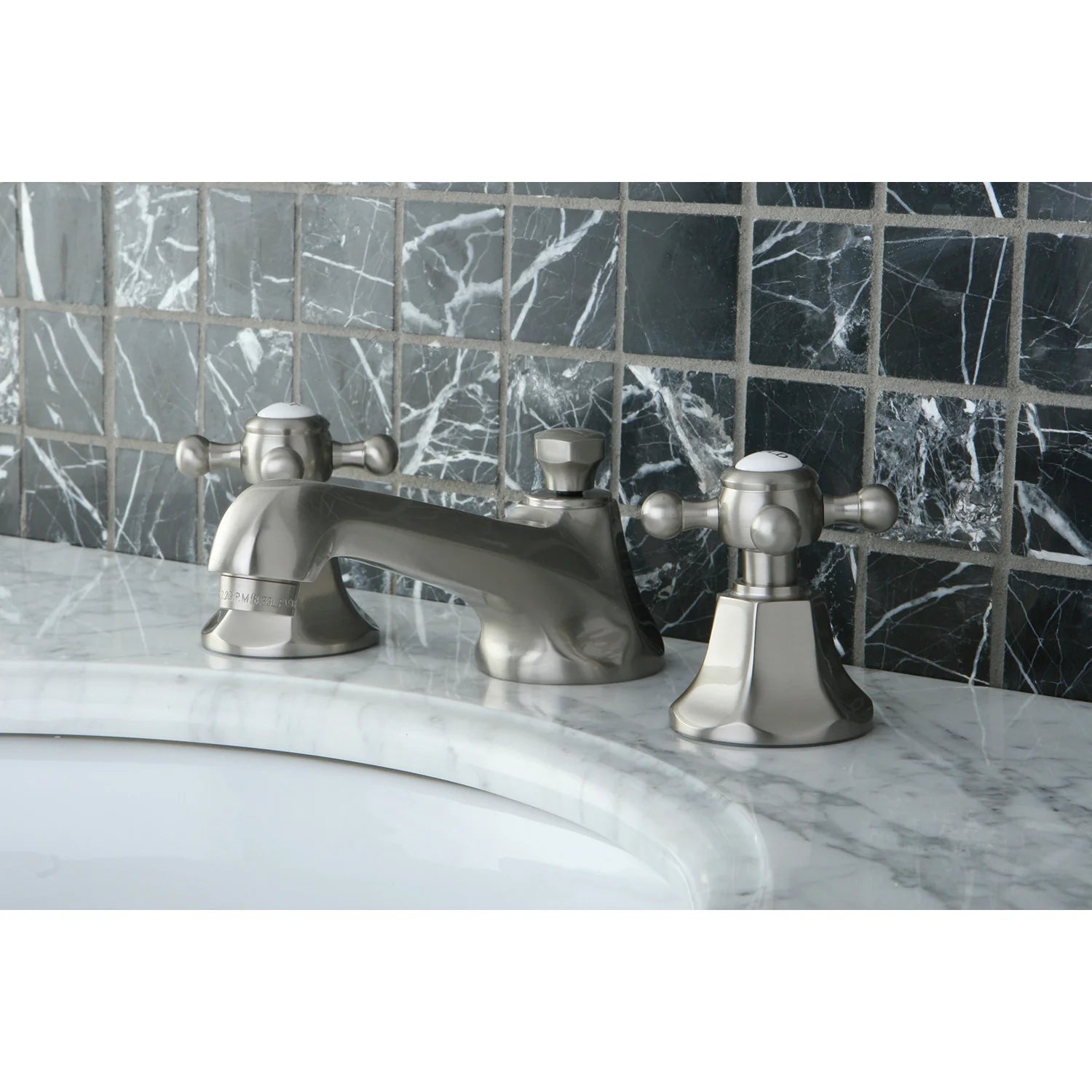 Brushed nickel widespread bathroom faucet with two cross handles and centered spout