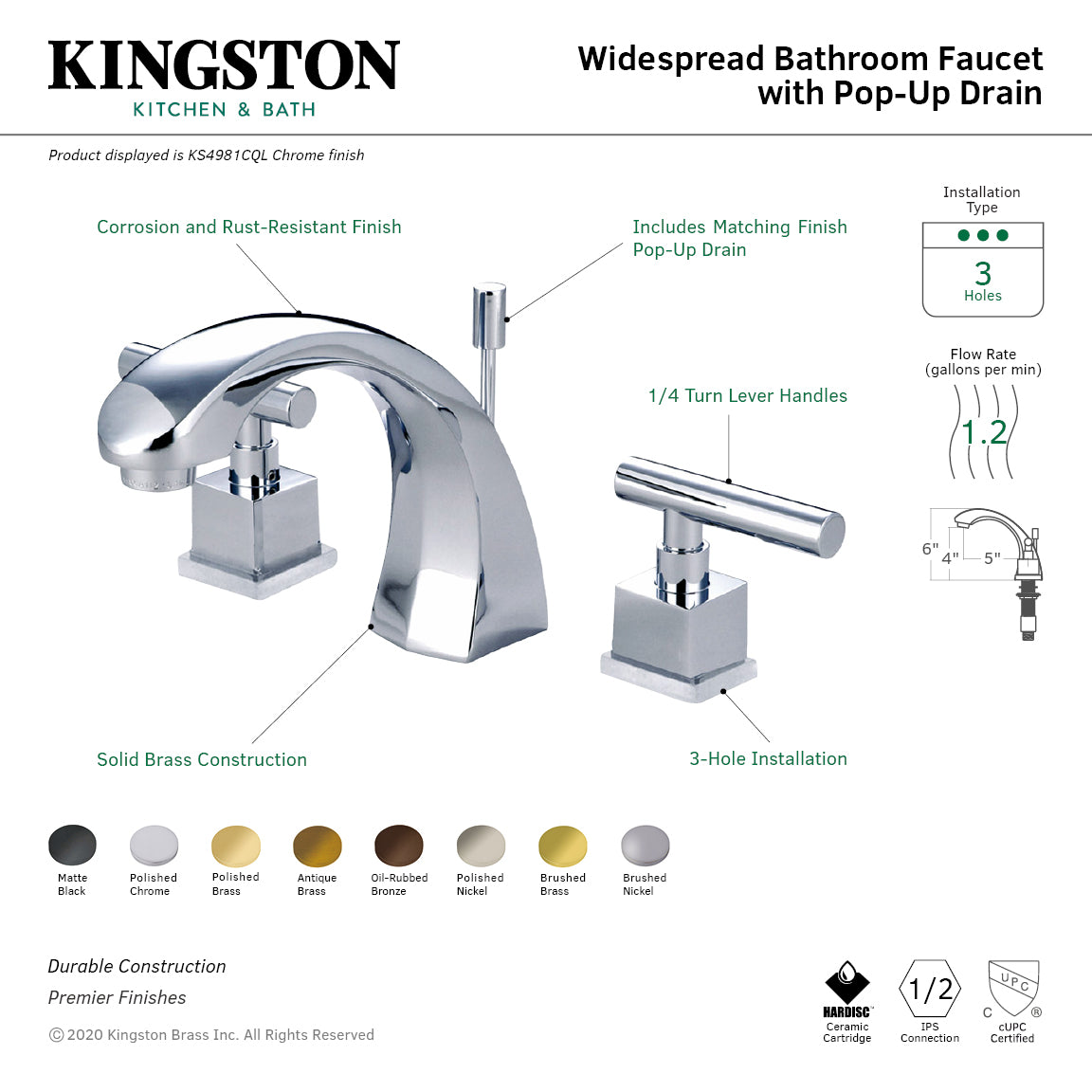 Claremont Widespread Bathroom Faucet with Brass Pop-Up in Polished Brass
