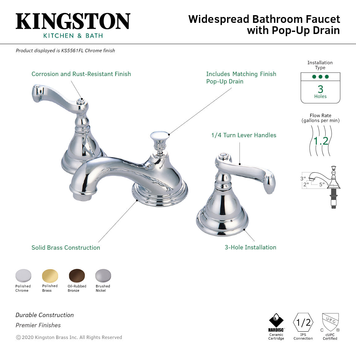 Royale Widespread Bathroom Faucet with Brass Pop-Up in Polished Brass