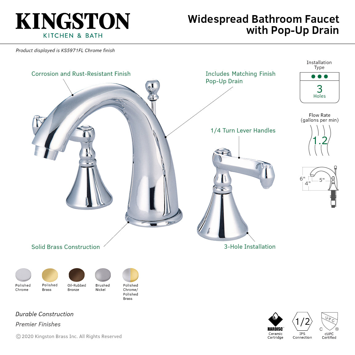 Royale Widespread Bathroom Faucet with Brass Pop-Up in Polished Chrome/Polished Brass