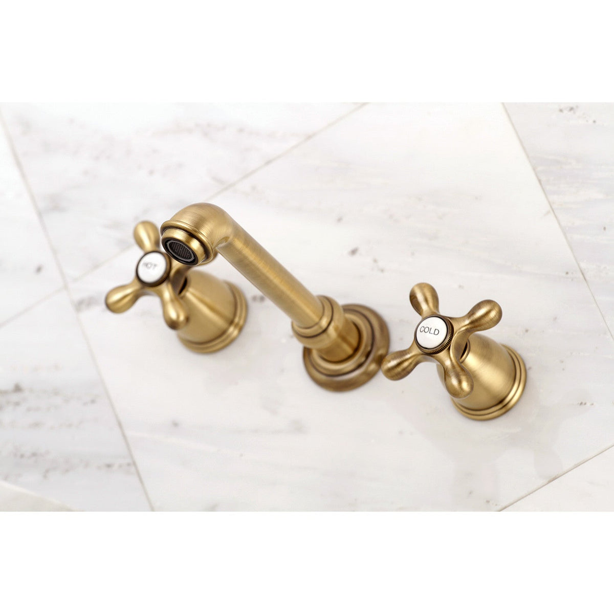 English Country Two-Handle Wall Mount Roman Tub Faucet in Antique Brass