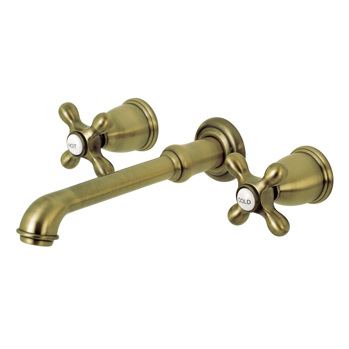 English Country Two-Handle Wall Mount Roman Tub Faucet in Antique Brass