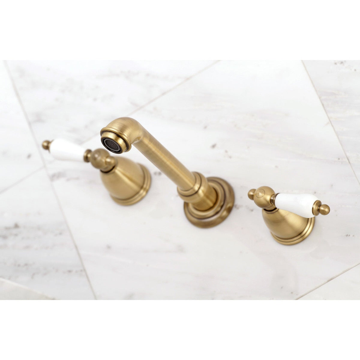 English Vintage Two-Handle Wall Mount Roman Tub Faucet in Antique Brass