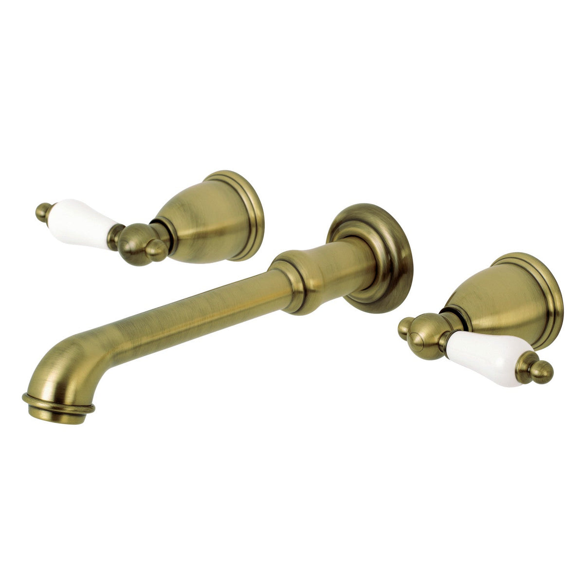 English Vintage Two-Handle Wall Mount Roman Tub Faucet in Antique Brass