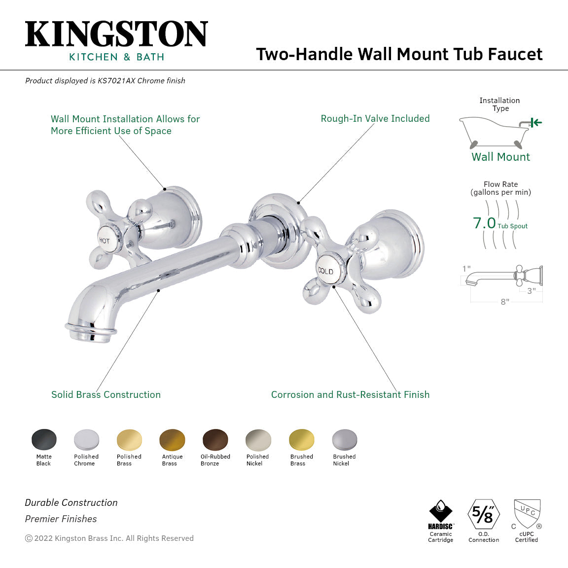 English Country Two-Handle Wall Mount Roman Tub Faucet in Oil Rubbed Bronze
