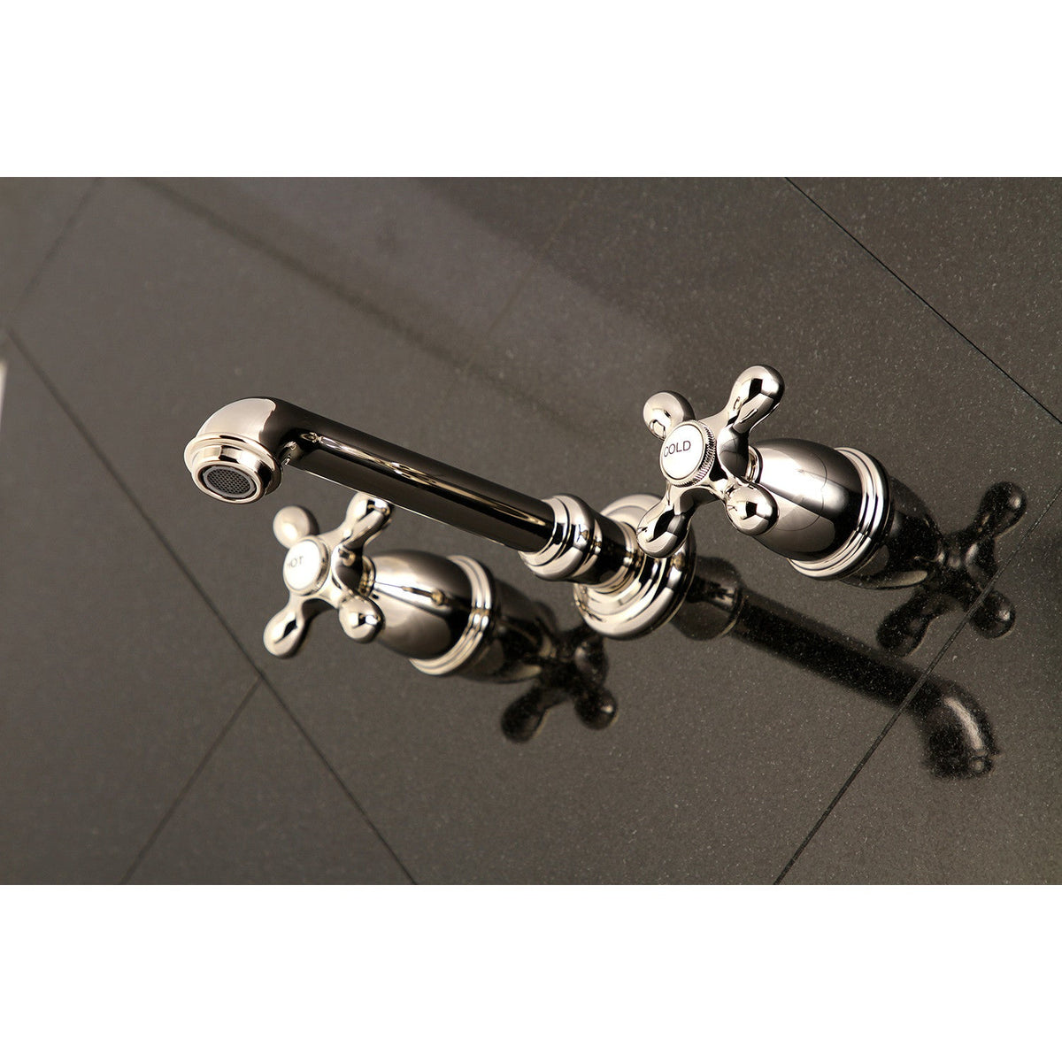 English Country Two-Handle Wall Mount Roman Tub Faucet in Polished Nickel
