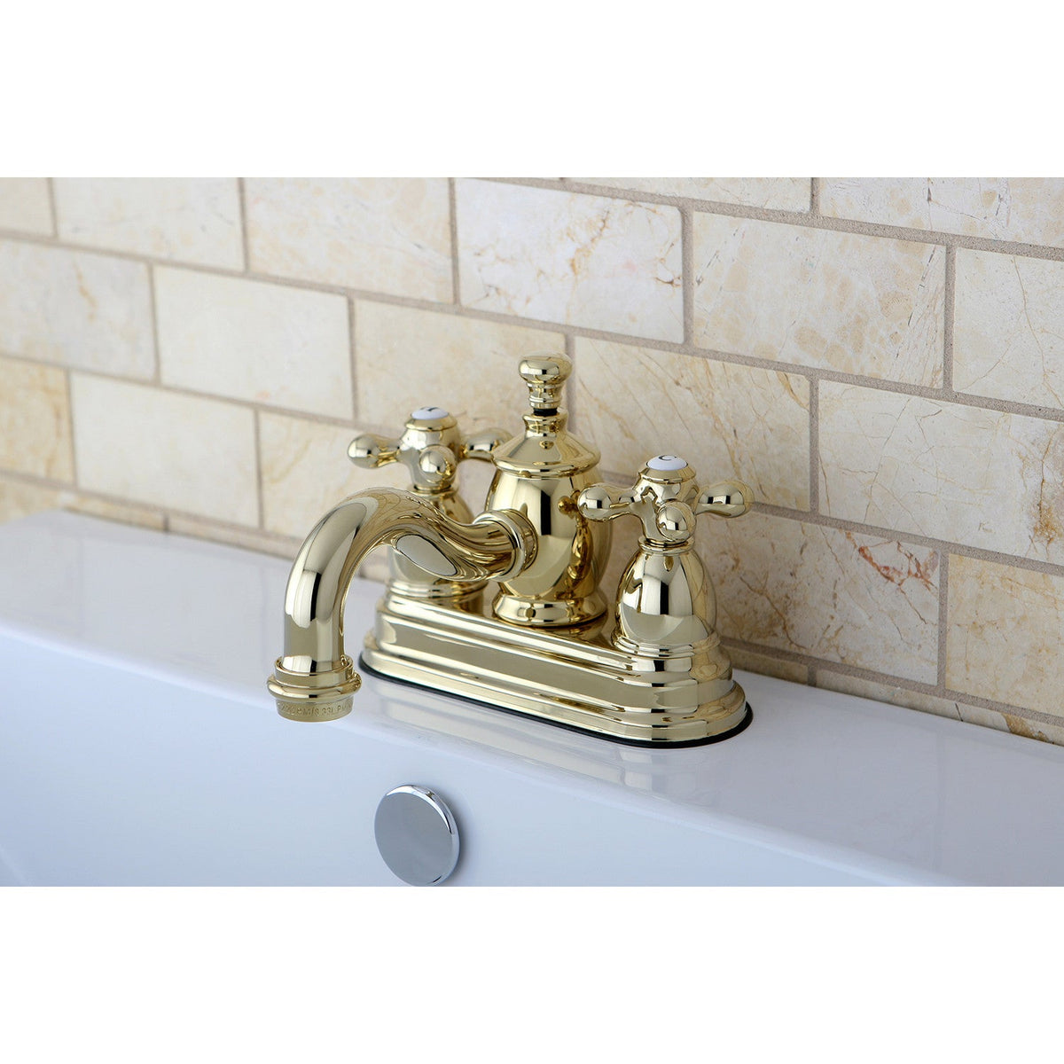 English Country Double-Handle 4" Centerset Bathroom Faucet with Brass Pop-Up in Polished Brass