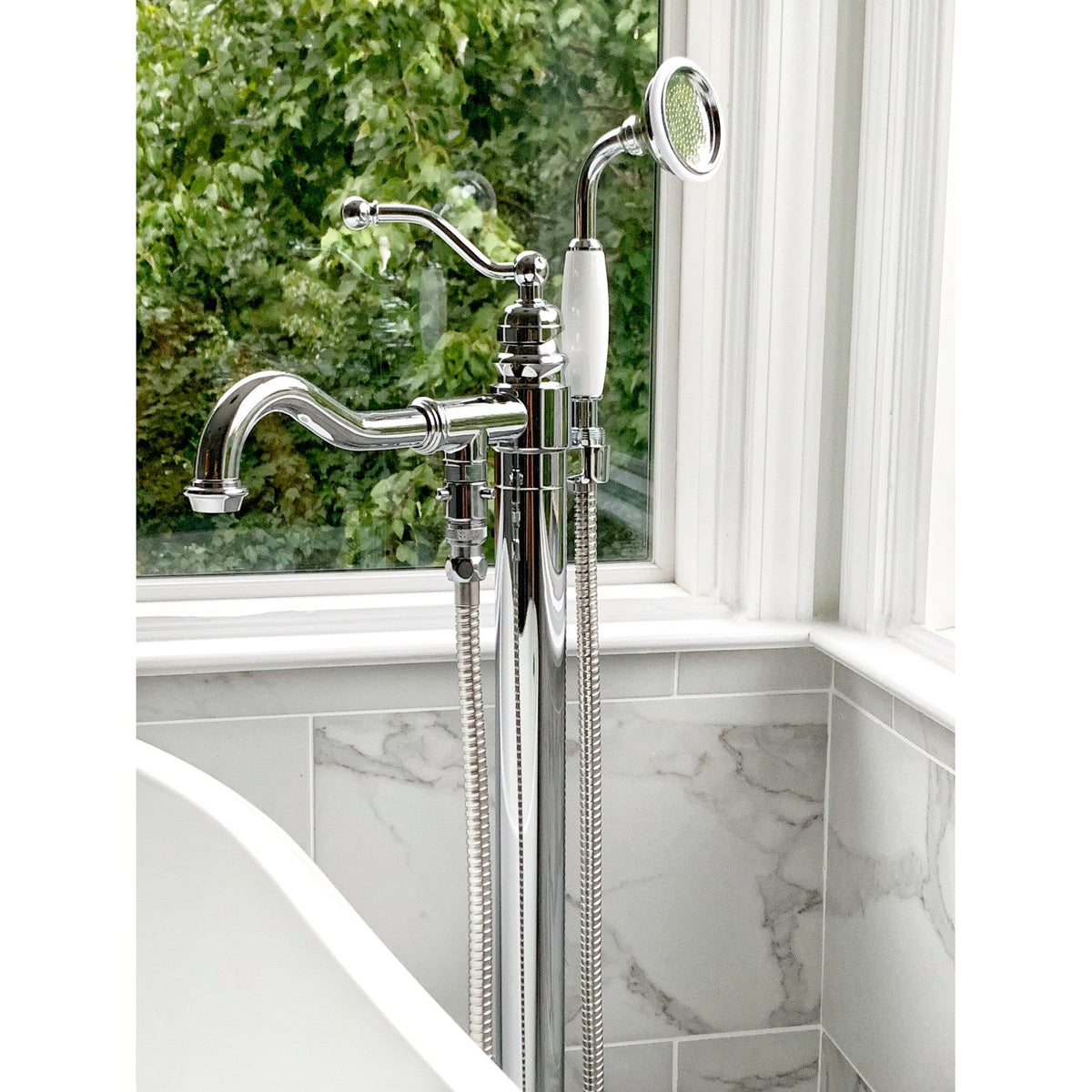 English Country Freestanding Tub Faucet with Hand Shower in Polished Chrome