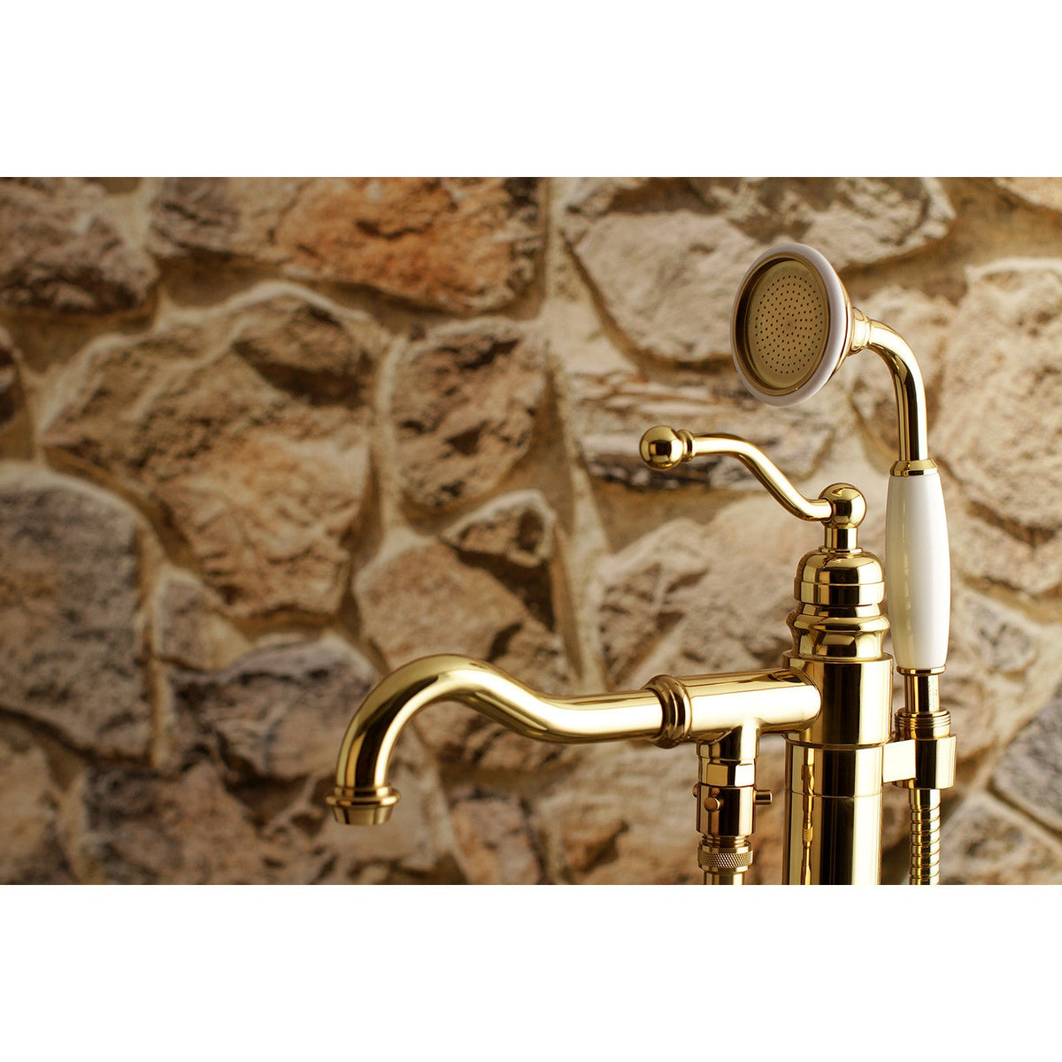 English Country Freestanding Tub Faucet with Hand Shower in Polished Brass