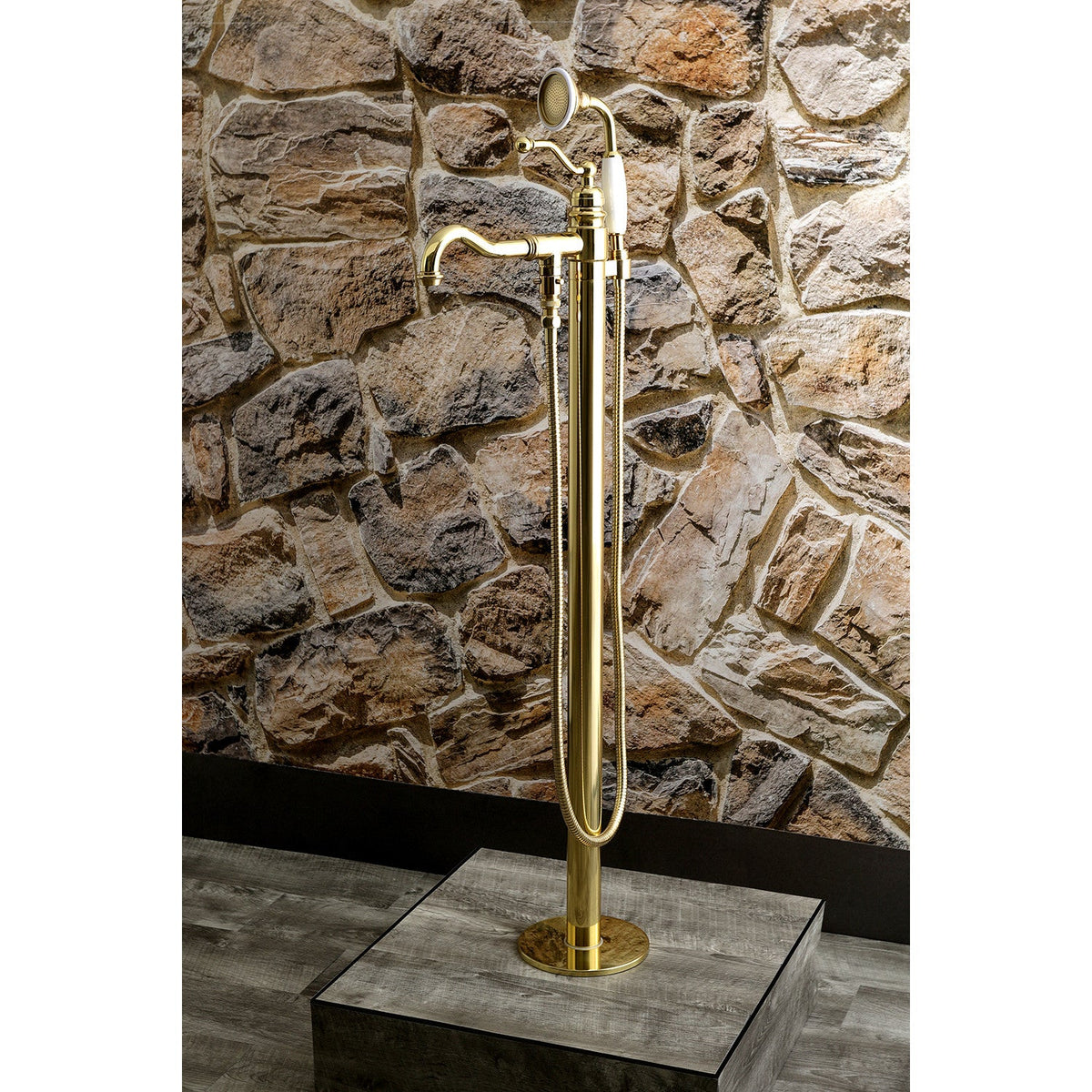 English Country Freestanding Tub Faucet with Hand Shower in Polished Brass