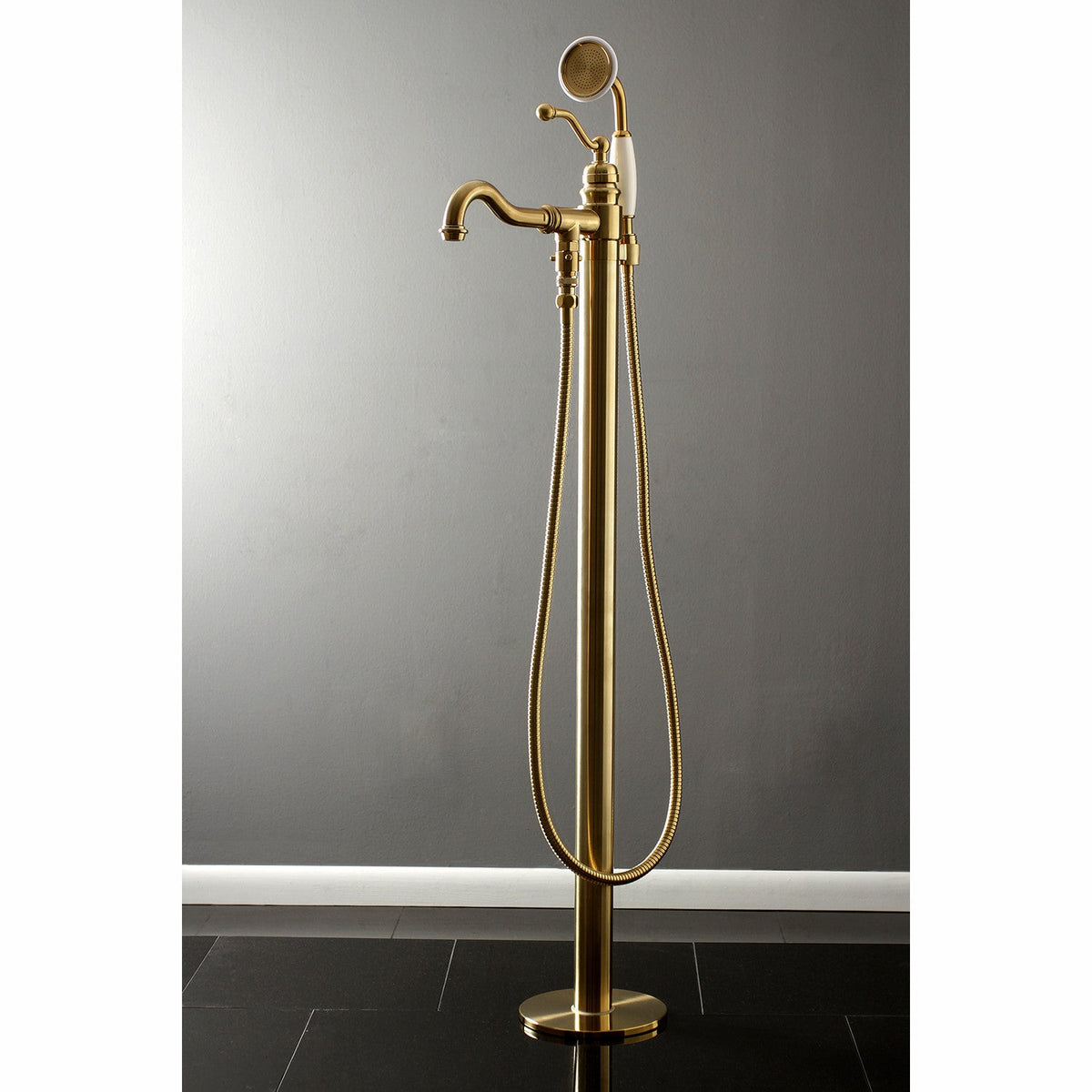 English Country Freestanding Tub Faucet with Hand Shower in Brushed Brass