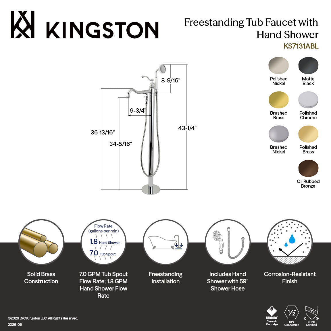 English Country Freestanding Tub Faucet with Hand Shower in Brushed Nickel