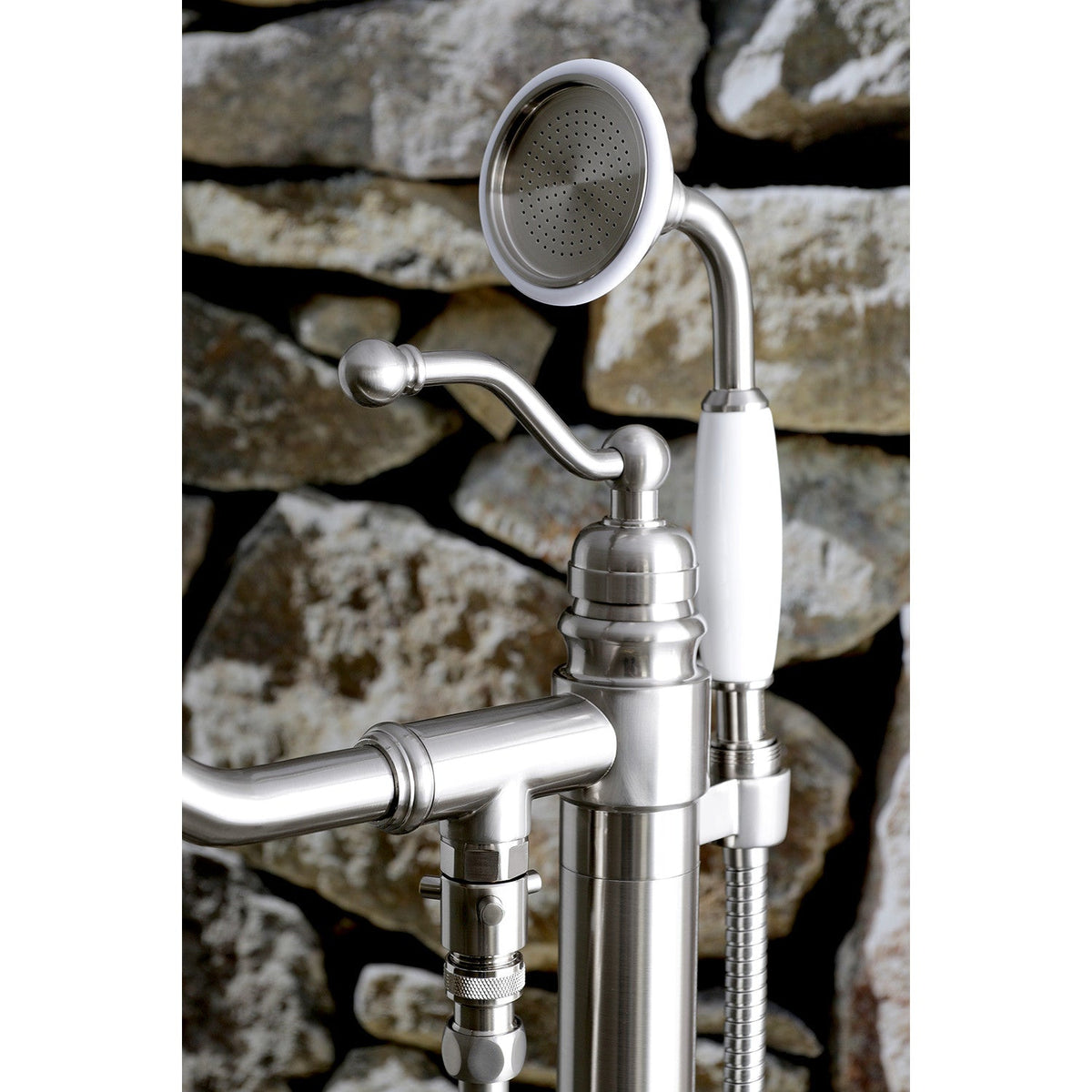 English Country Freestanding Tub Faucet with Hand Shower in Brushed Nickel