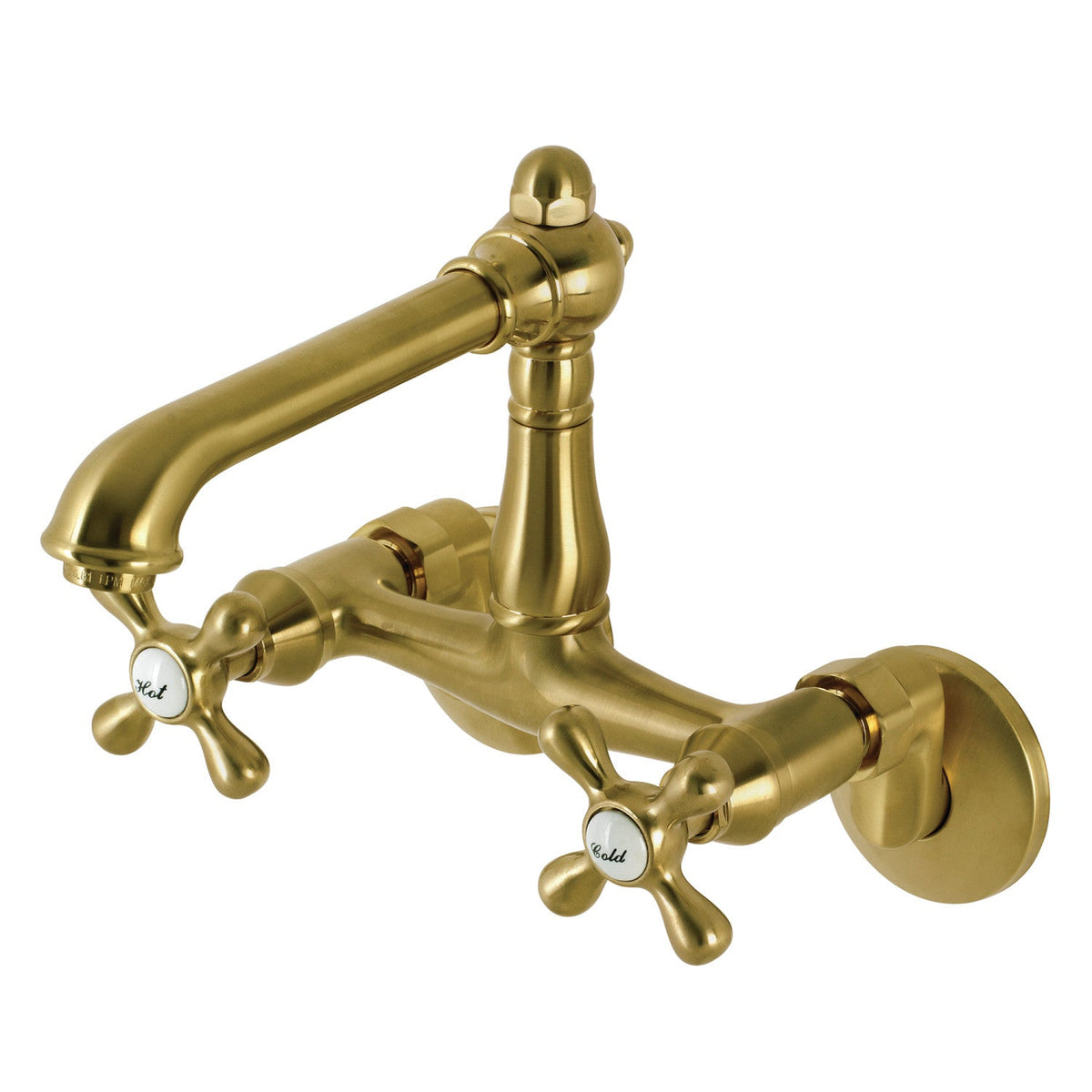 English Country Double-Handle Wall-Mount Bridge Kitchen Faucet in Brushed Brass