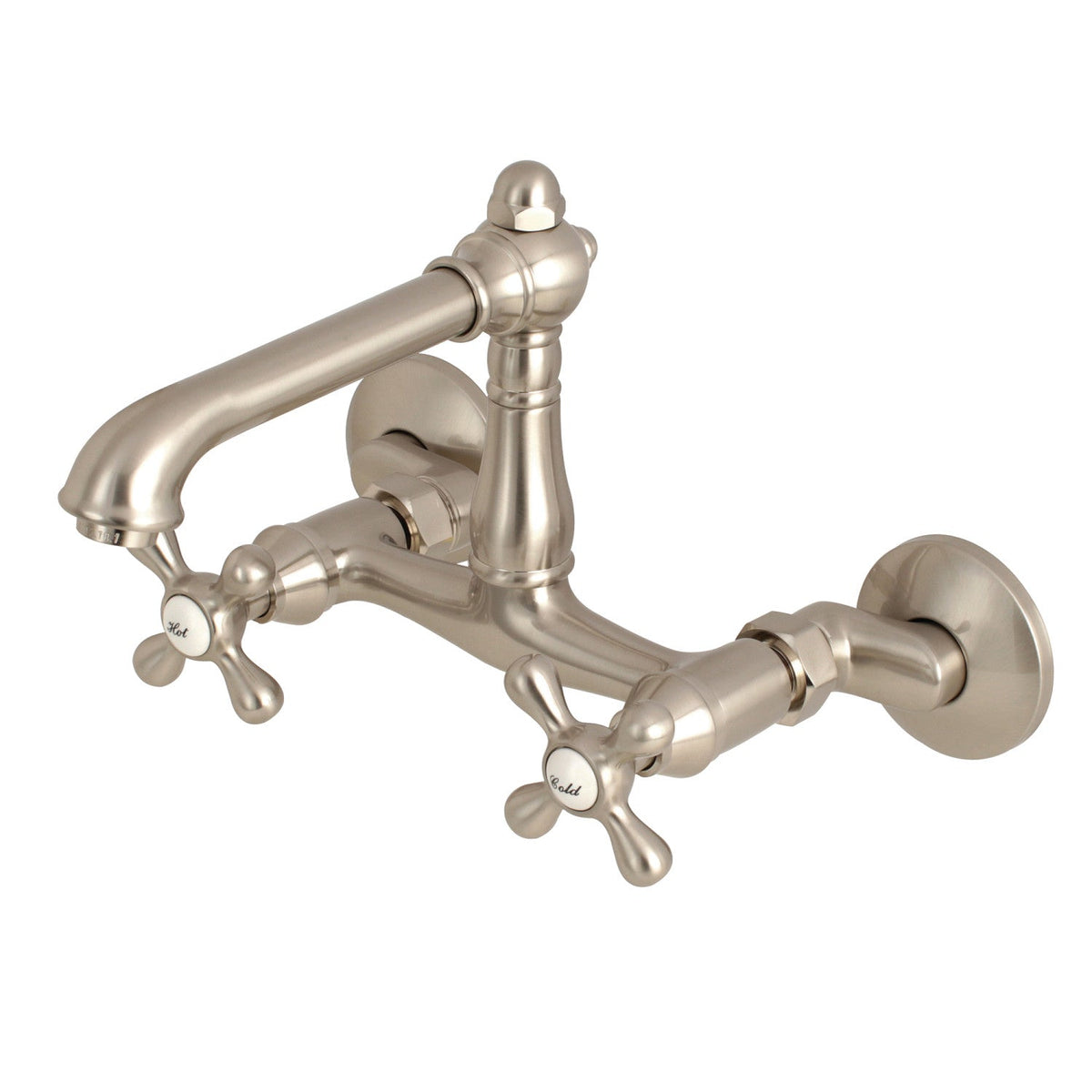 English Country Double-Handle Wall-Mount Bridge Kitchen Faucet in Brushed Nickel