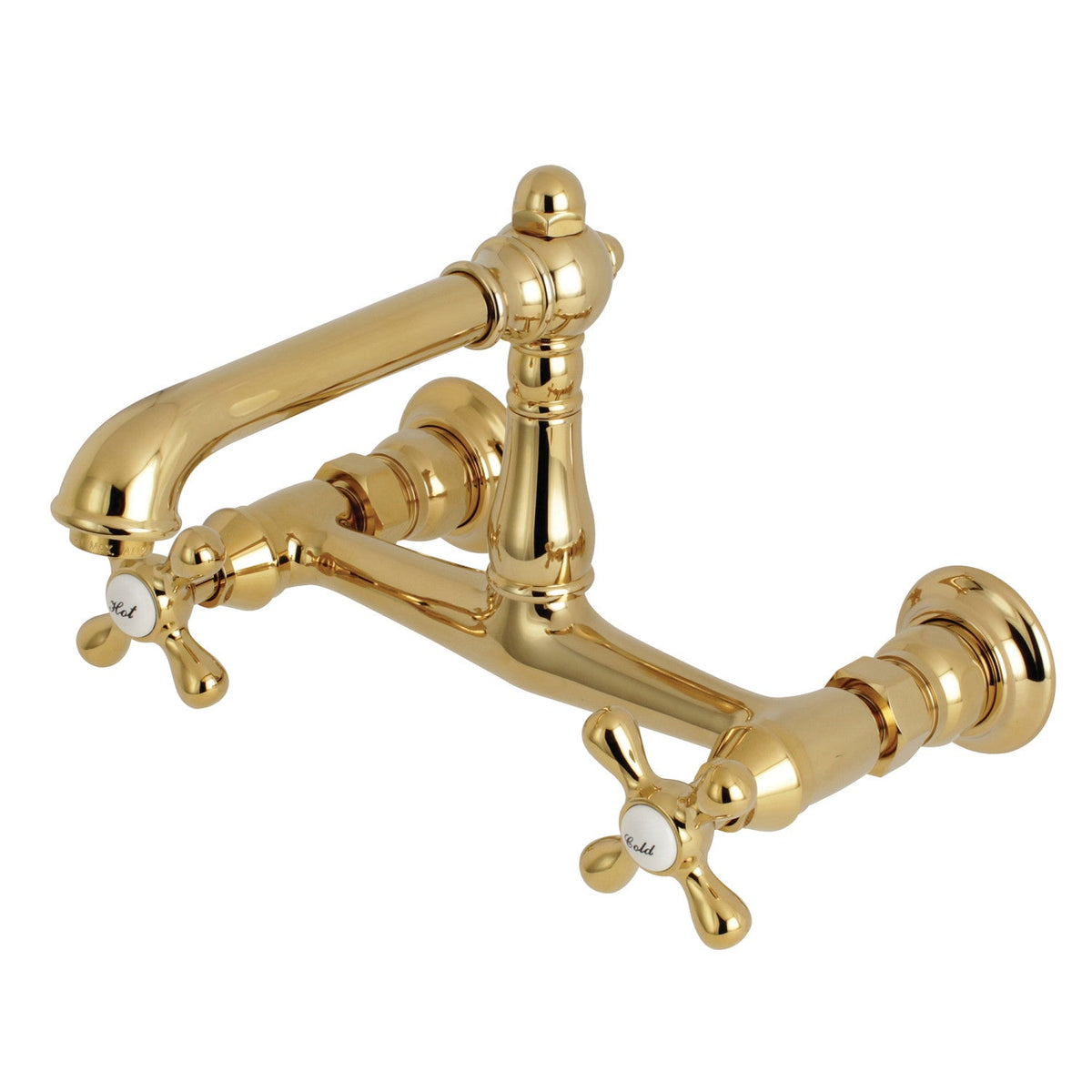 English Country Double-Handle Wall Mount Bathroom Faucet in Polished Brass