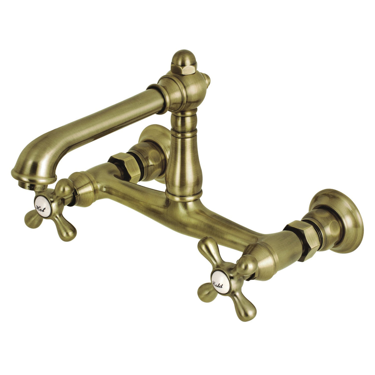 English Country Double-Handle Wall Mount Bathroom Faucet in Antique Brass