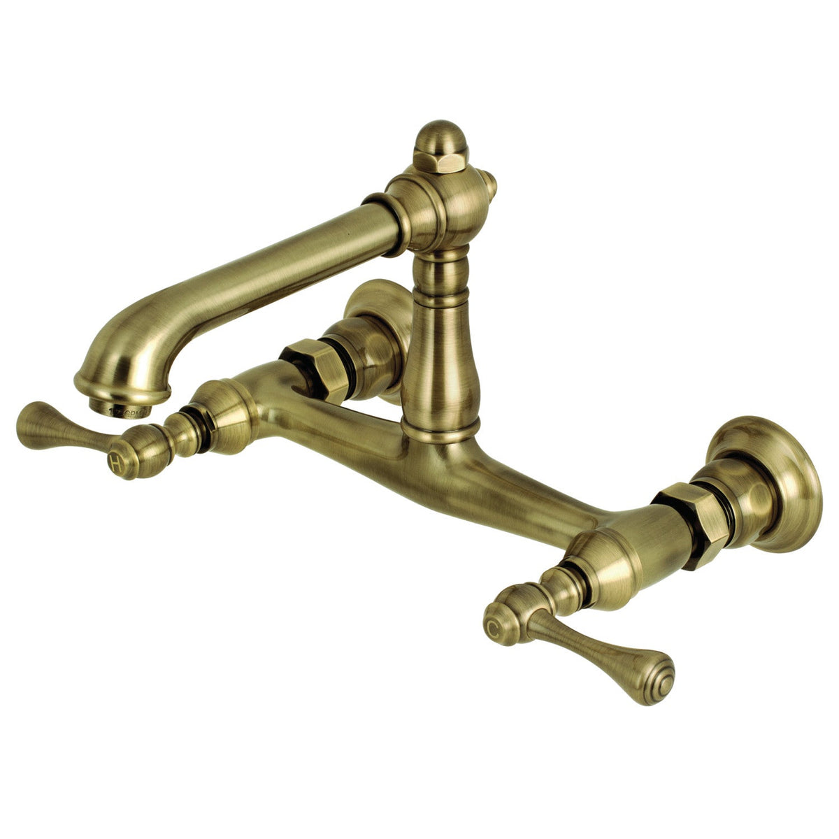 English Country Double-Handle Wall Mount Bathroom Faucet in Antique Brass