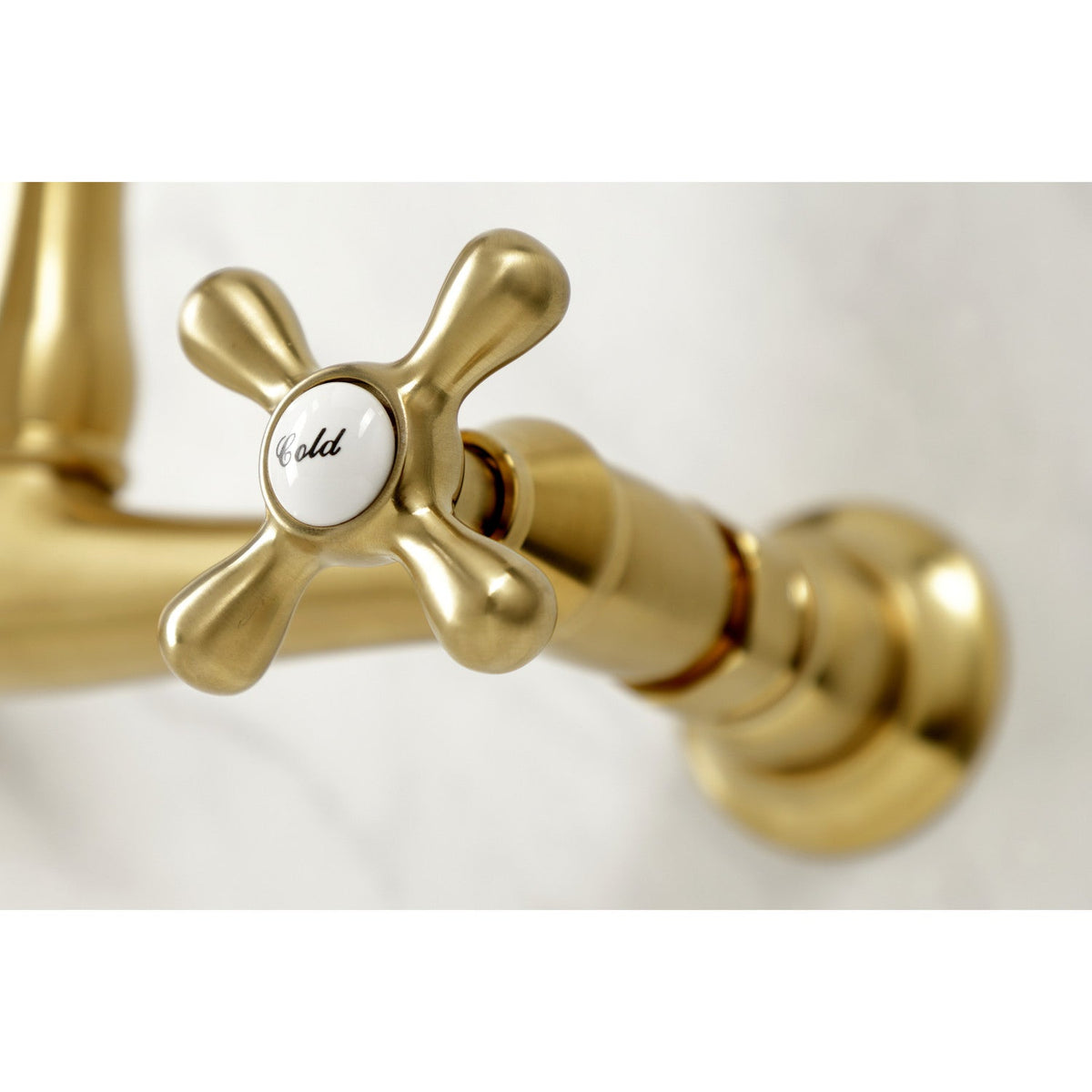 English Country Double-Handle Wall Mount Bathroom Faucet in Brushed Brass