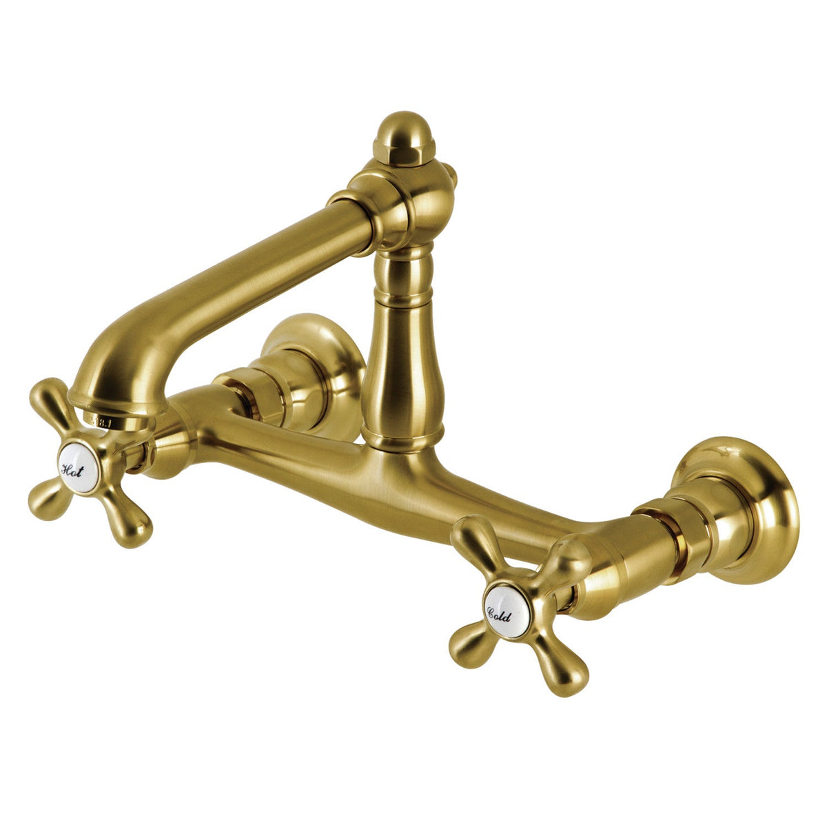 English Country Double-Handle Wall Mount Bathroom Faucet in Brushed Brass