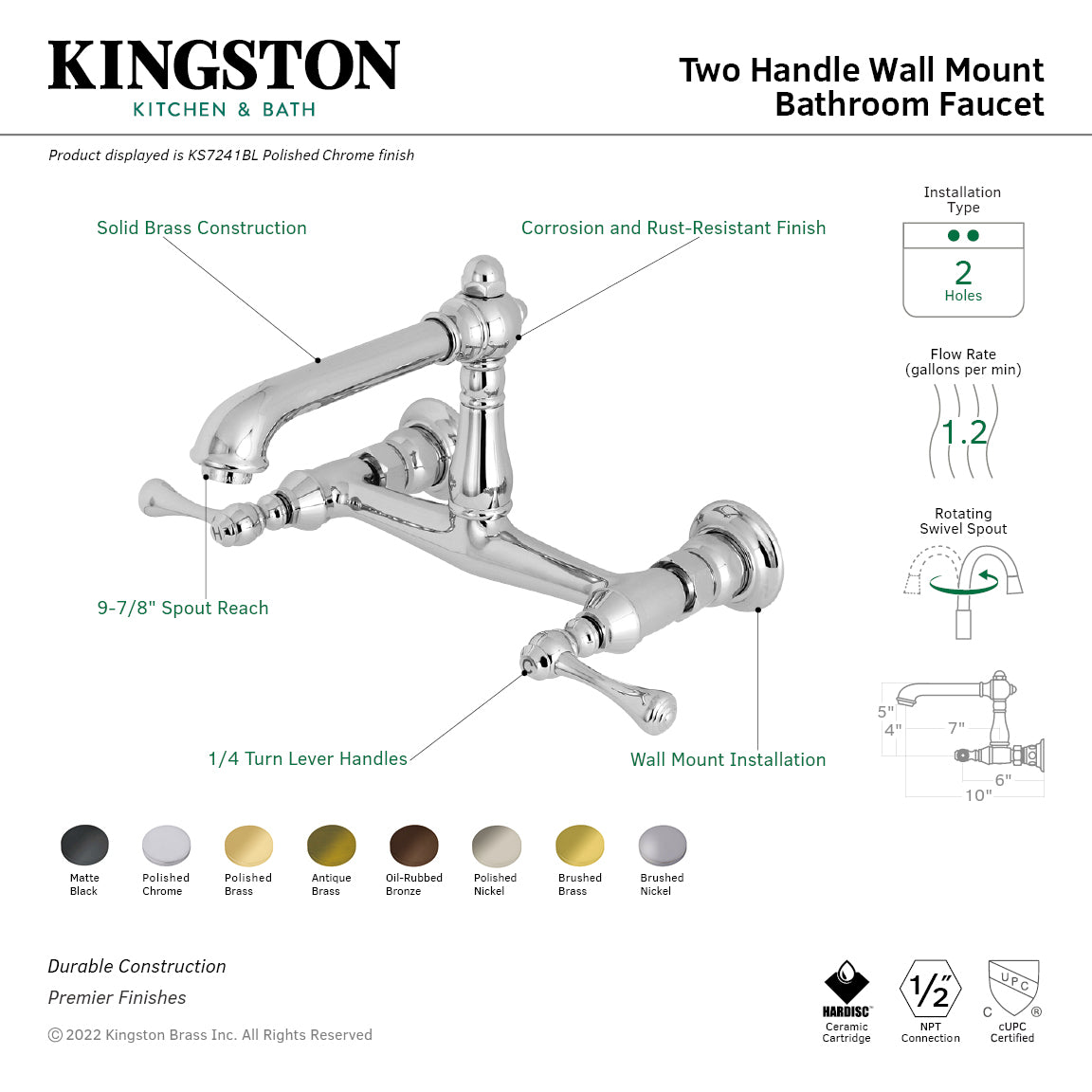 English Country Double-Handle Wall Mount Bathroom Faucet in Brushed Nickel