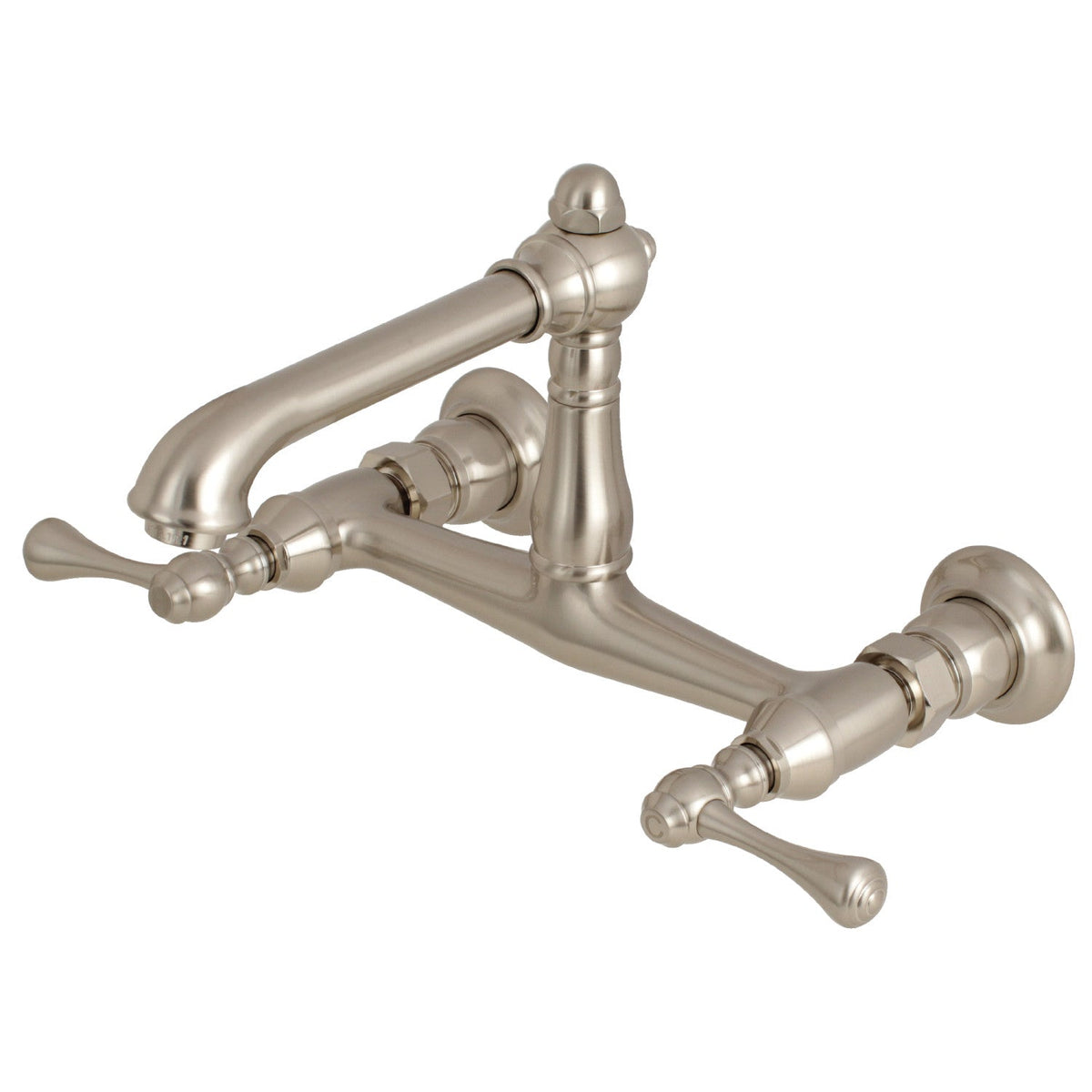 English Country Double-Handle Wall Mount Bathroom Faucet in Brushed Nickel