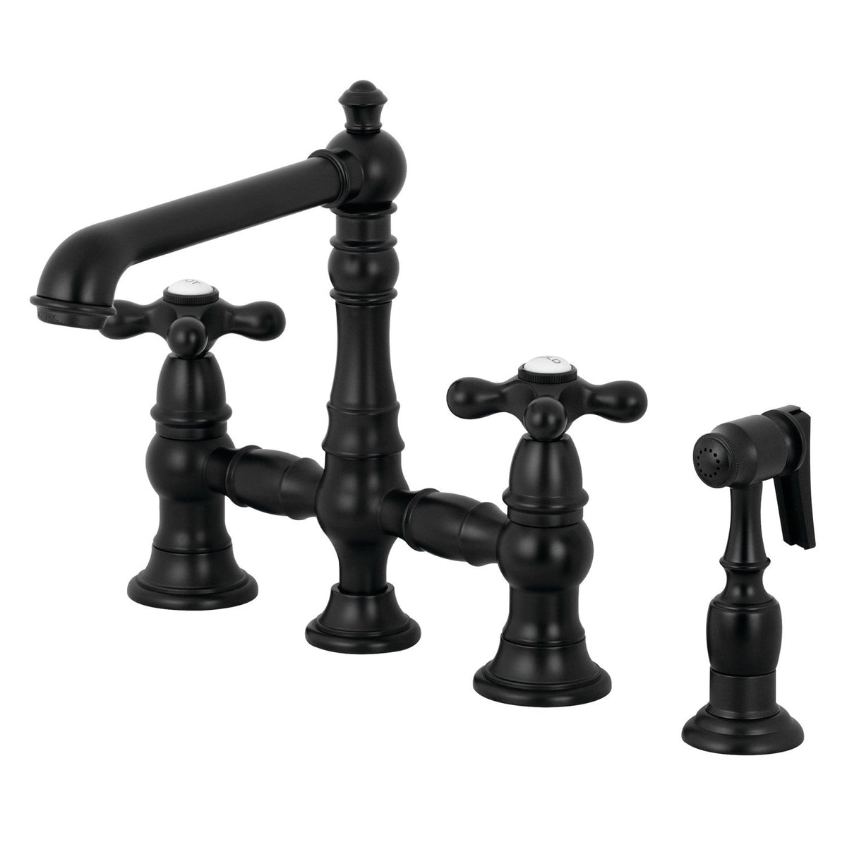 English Country Bridge Kitchen Faucet with Brass Side Sprayer in Matte Black