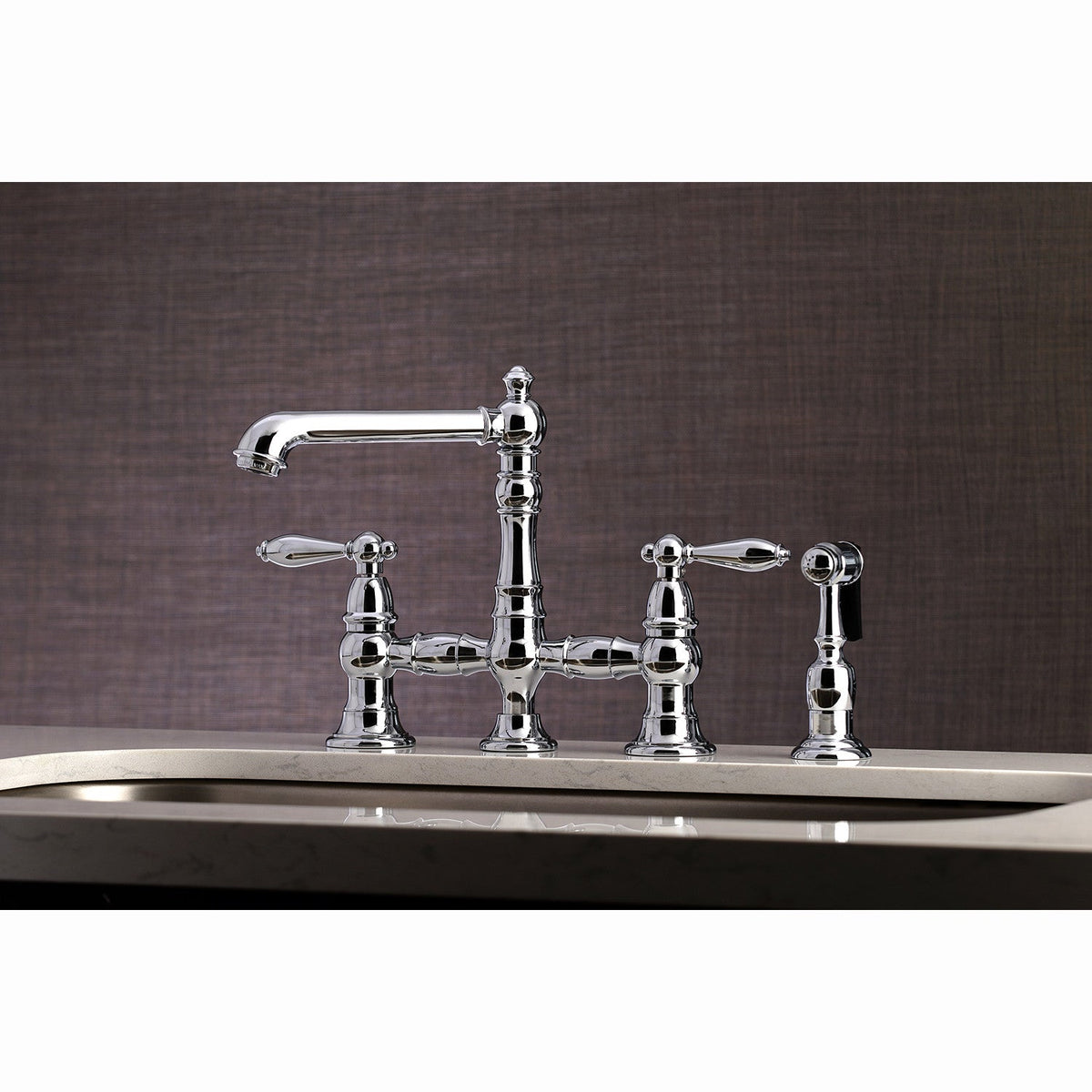 English Country Bridge Kitchen Faucet with Brass Side Sprayer in Polished Chrome