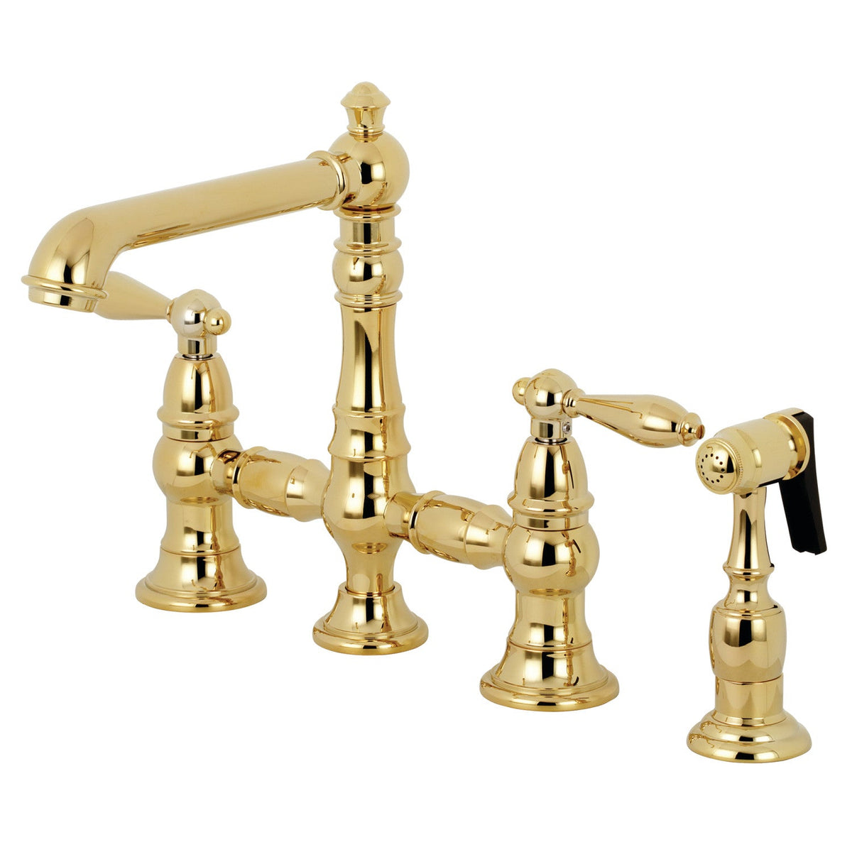 English Country Bridge Kitchen Faucet with Brass Side Sprayer in Polished Brass