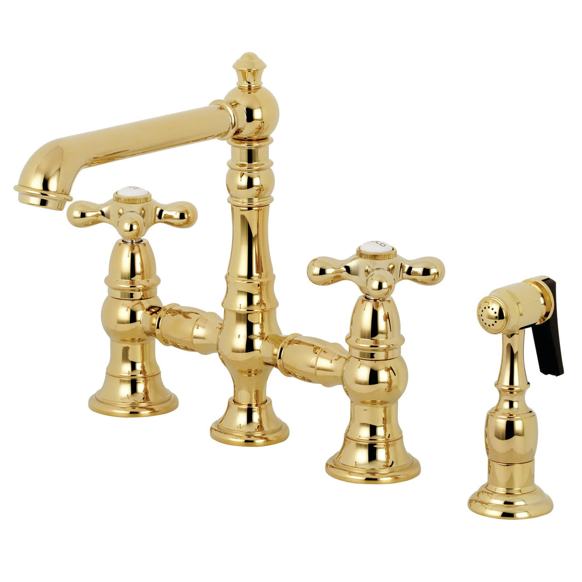 English Country Bridge Kitchen Faucet with Brass Side Sprayer in Polished Brass