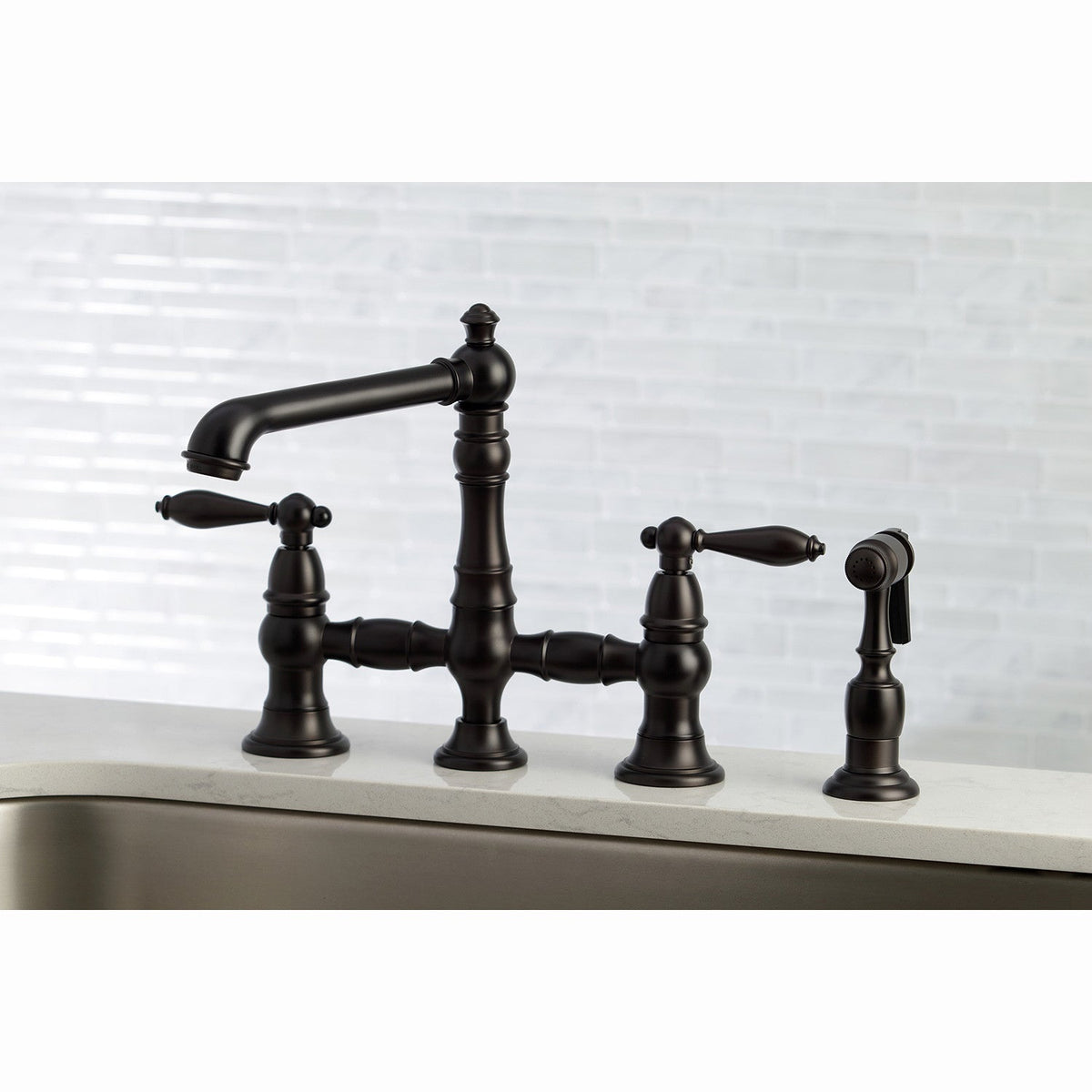 English Country Bridge Kitchen Faucet with Brass Side Sprayer in Oil Rubbed Bronze