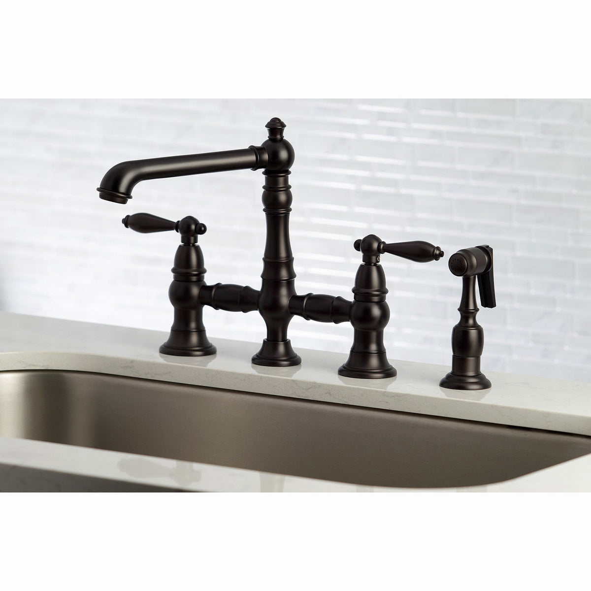 English Country Bridge Kitchen Faucet with Brass Side Sprayer in Oil Rubbed Bronze