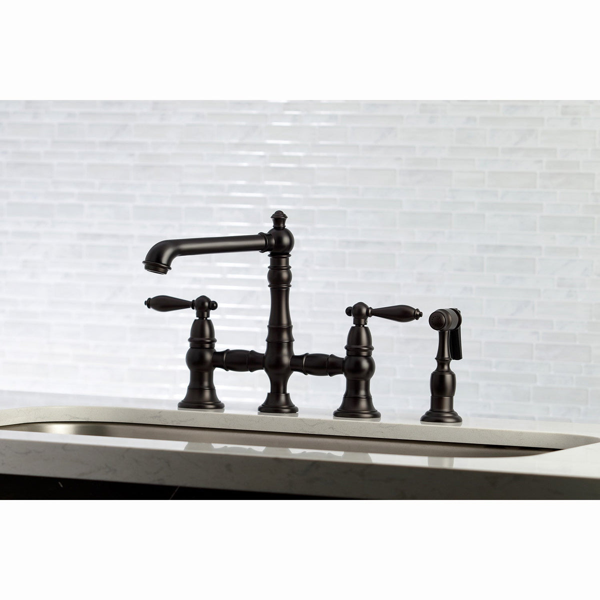 English Country Bridge Kitchen Faucet with Brass Side Sprayer in Oil Rubbed Bronze